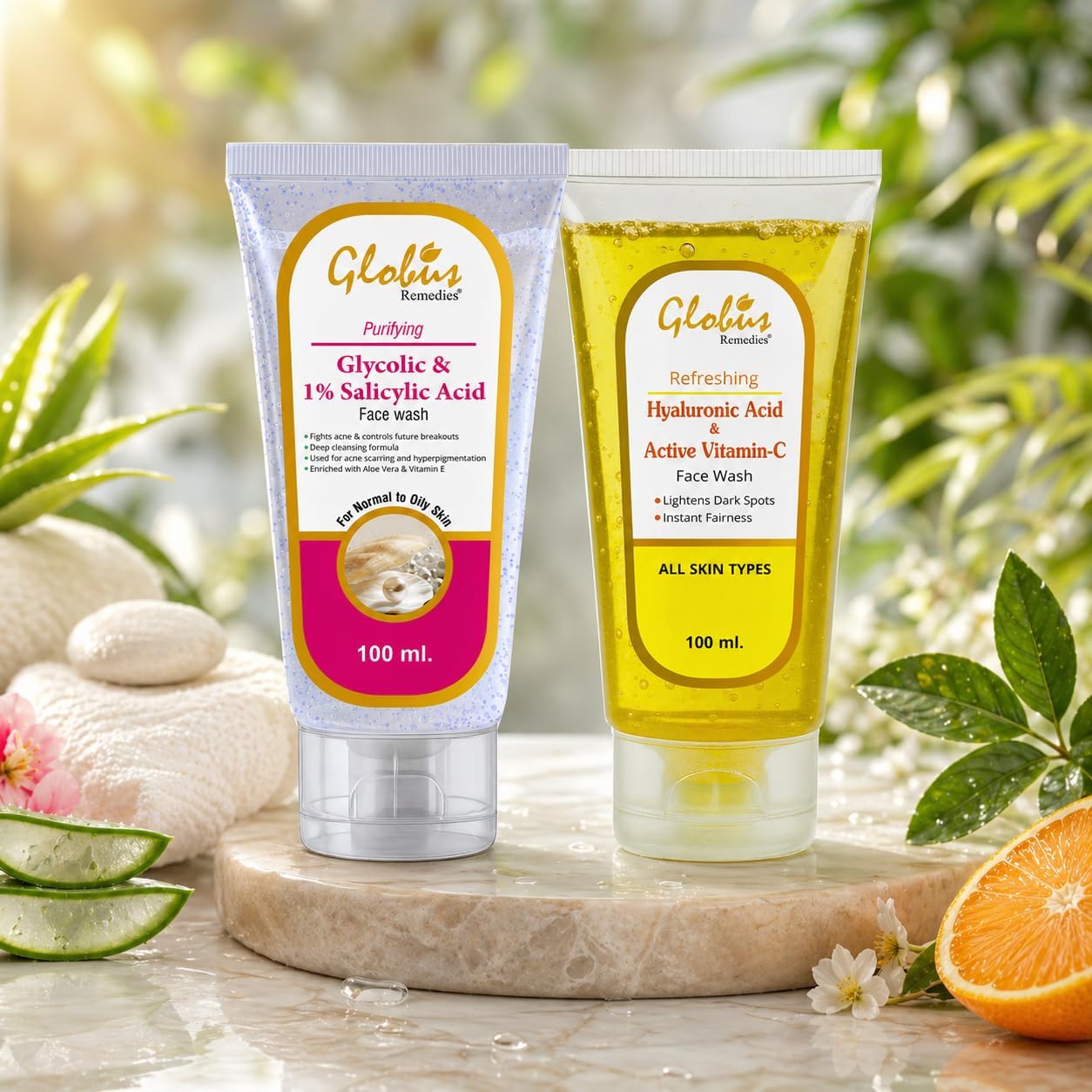 GLOBUS REMEDIES Anti Acne Glycolic & Salicylic Acid Face wash 100ml and Skin Brightening Vitamin C & Hyaluronic Acid Face Wash 100 ml Combo Pack
