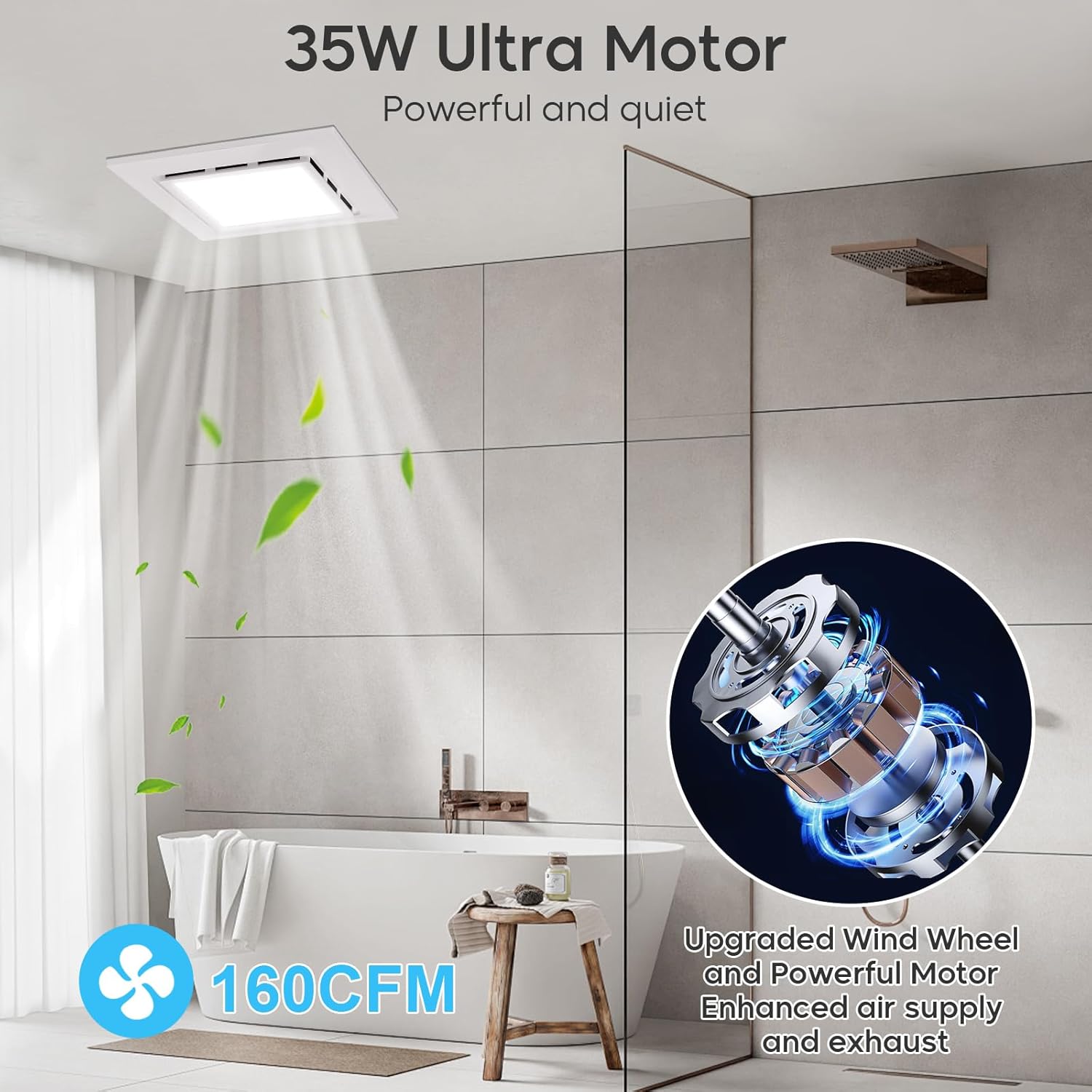 Bathroom Exhaust Fan with Light Ultra Quiet Ventilation Fan Combo 1.0 Sone 145CFM (Metal 13.5" Panel 12"x12" Mount)