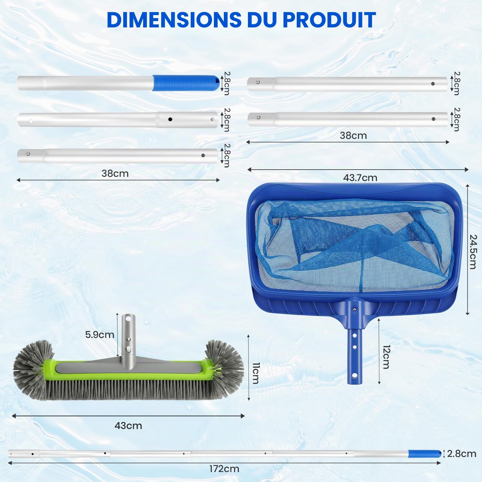 Kit de Nettoyage pour Piscine avec Brosse Ronde, Manche en Aluminium de 169 cm et Filet de Piscine, Ensemble Professionnel pour Nettoyage Efficace