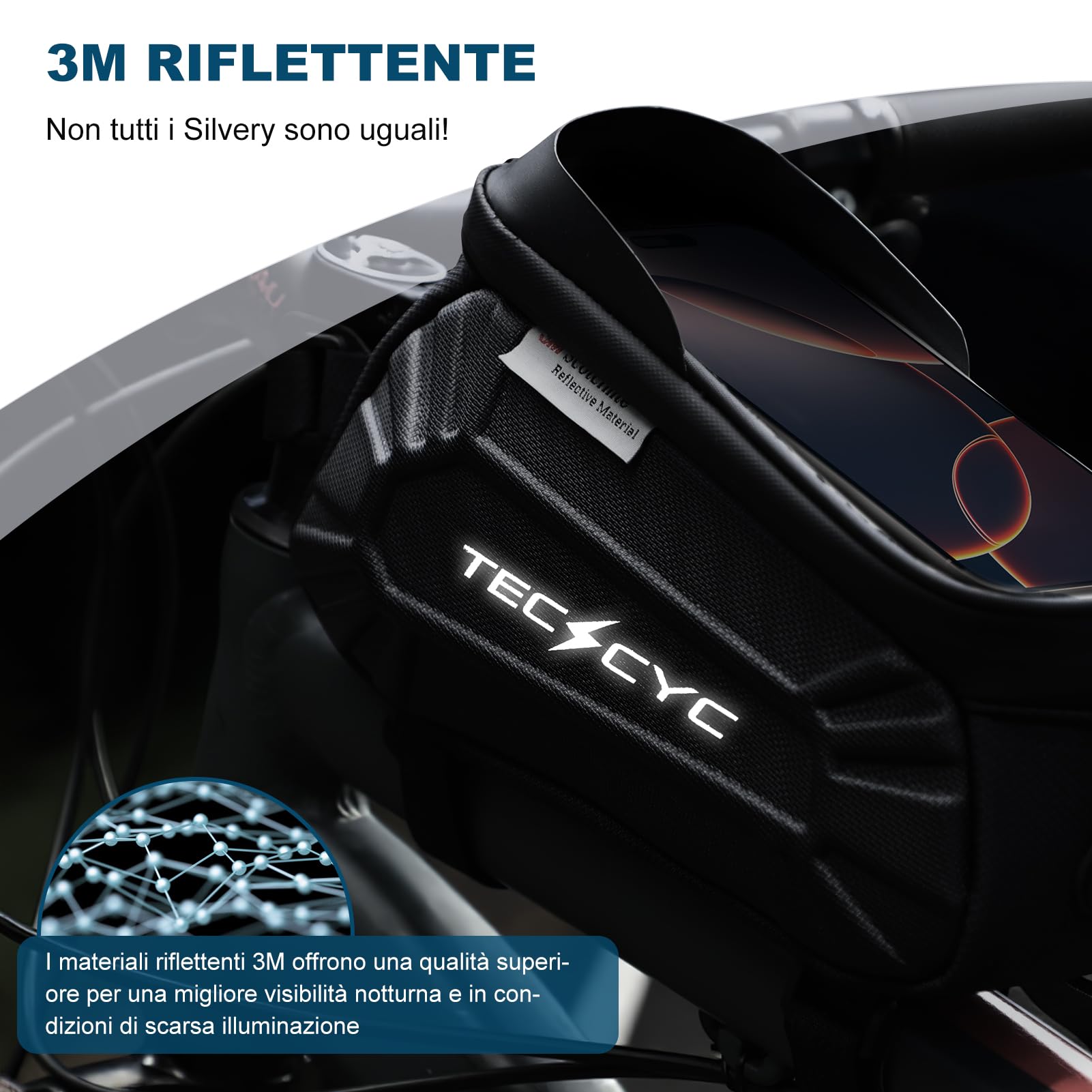 TECHCYC Borsa Telaio Bici con Riflettente, Borsa Bici con Touchscreen TPU,Borsello Tubo Anteriore Bici Impermeabile Antigraffio Tasca Cellulare 7 Pollici,per MTB,Bici Gravel,Bici Strada,Bici Elettrica