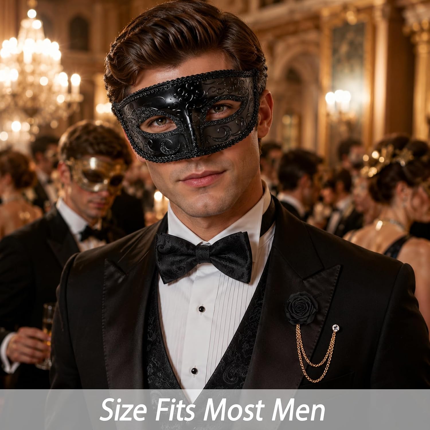 CZFDHP Mens Masquerade Mask, Black Masquerade Mask for Men, 3PCS Mask Bowtie and Brooch Formal Event and Costume Party Wear, Perfect for Halloween, Cosplay and Themed Parties