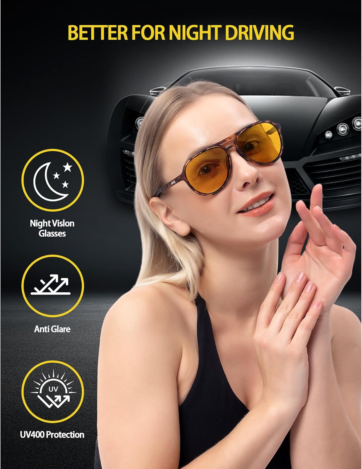 Jefoo Night Vision Glasses for Men Women Anti Glare Night Driving Glasses Polarized Yellow Lens - Image 2