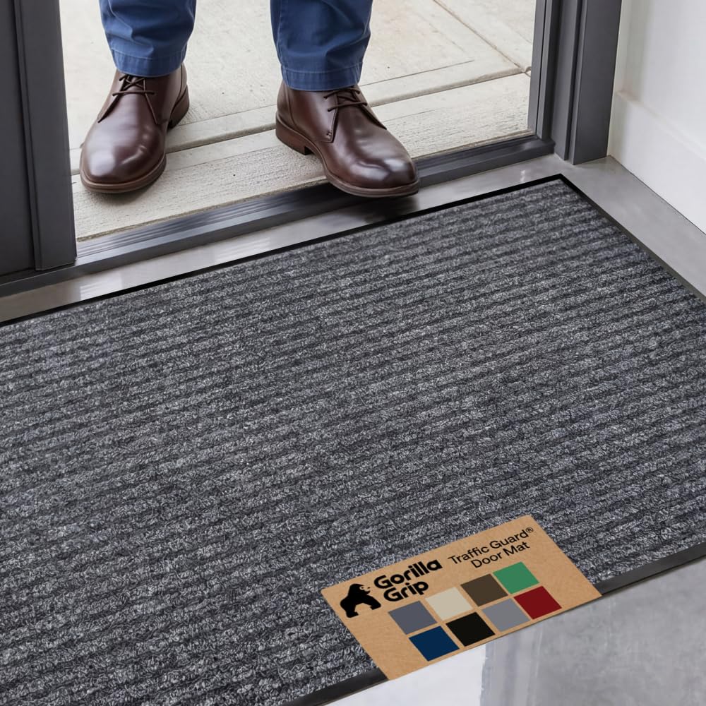 GORILLA GRIP Traffic Guard Indoor Outdoor Heavy Duty Door Mat, 47x35 Gray