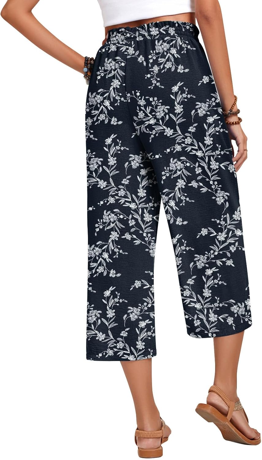 Anyhold Women's Capri Pants Drawstring Casual Palazzo Trousers with Pockets Loose High Waisted Wide Leg Lounge Pants - Image 4
