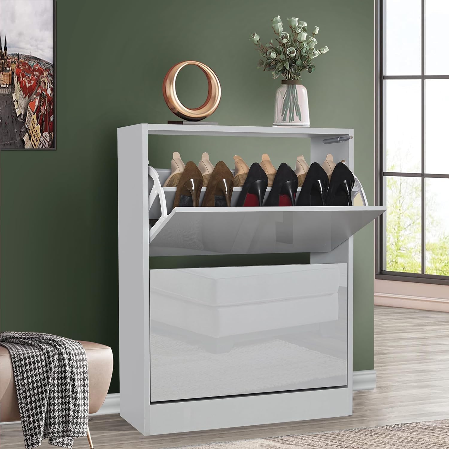 Blisswood High Gloss 2 Drawer Shoe Cabinet Cupboard, Shoe Storage Organiser Freestanding 2 Tier Wooden Shoes Rack Cabinet Modern Footwear Stand For Hallway, Living Room Furniture (Gloss Light Grey)