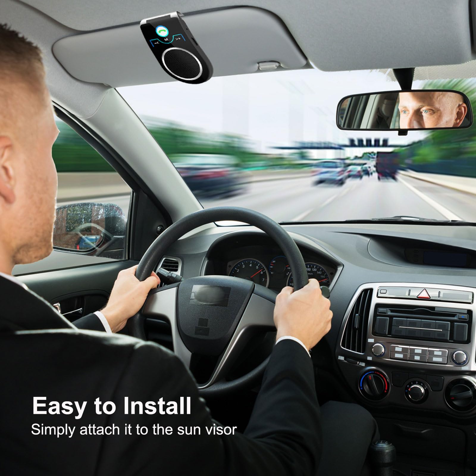 Manos Libres para Coche Bluetooth 5.0, Mini Manos Libres Inalámbrico con Siri y Google Assistant, Conexión de 2 Teléfonos Simultáneamente, Compatible con iPhone y Andriod para Llamadas y Musica