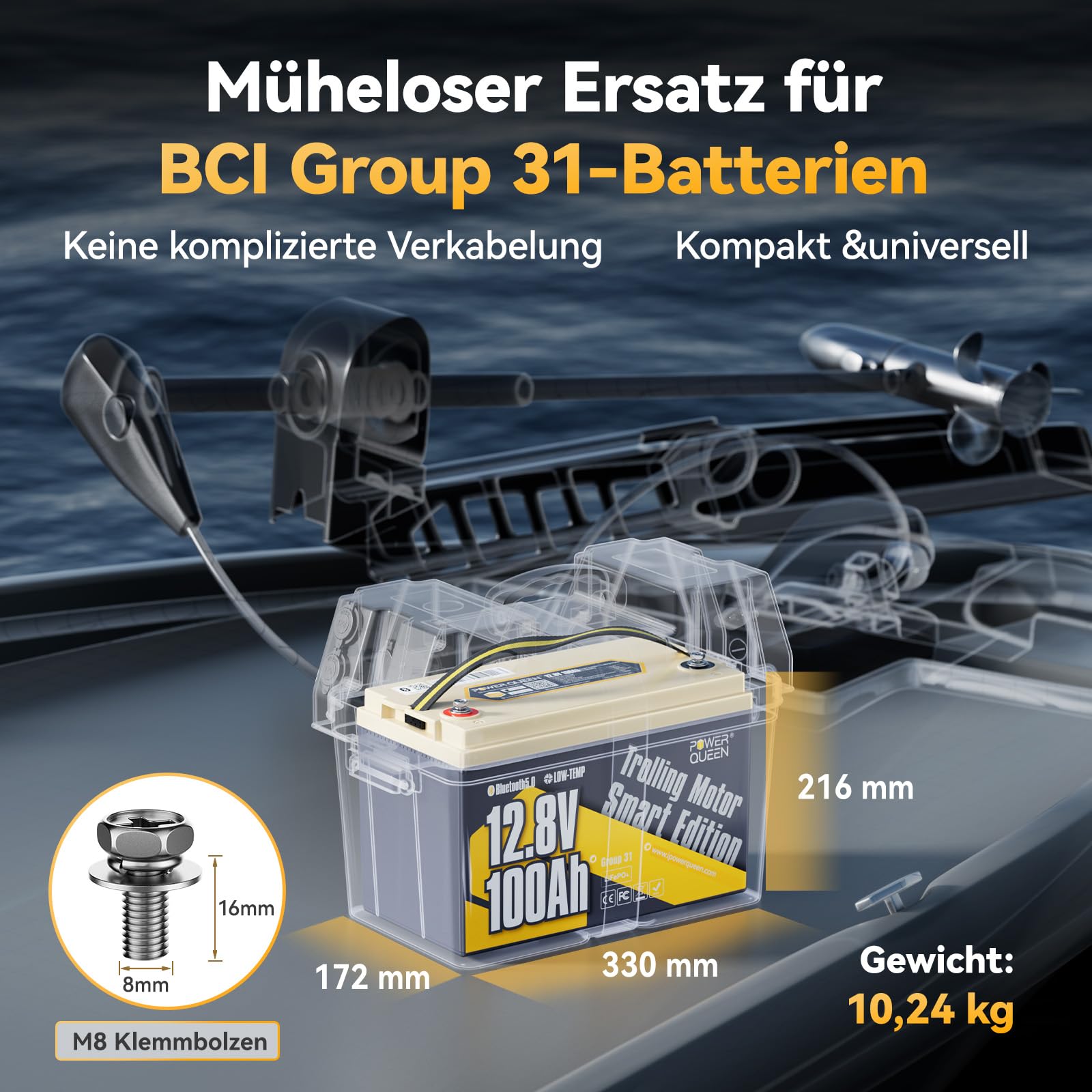 Power Queen LiFePO4 12V 100Ah Bluetooth Batterie, mit Tieftemperaturschutz und 100A BMS, Max. 15000 Zyklens,1280Wh Lithium Batterie geeignet für Trolling-Motoren, Boot