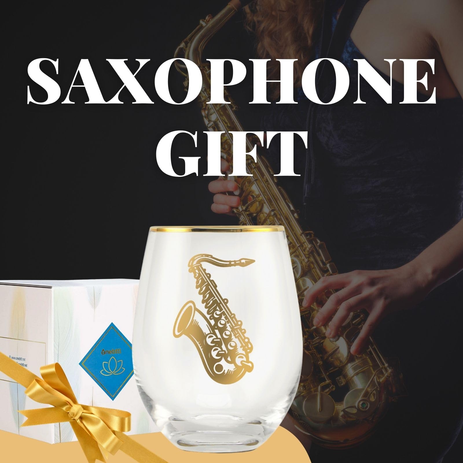 Onebttl Saxophone Gifts, Jazz Gifts for Jazz Lovers, 17 oz Stemless Wine Glass with Foil Stamping Pattern