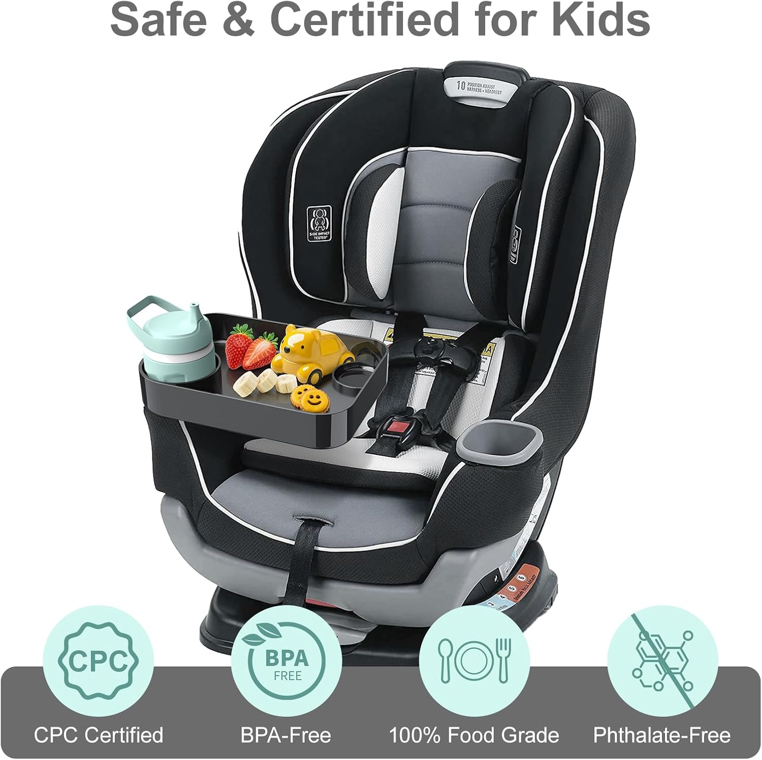 Car Seat Snack Tray for Toddlers - 3 Inch Cup Holder Fits Most Sippy Cups & Straw Bottles with Dip Well, Mess-Free Square Kids Travel Tray Road Trip Essentials, Black Black 1