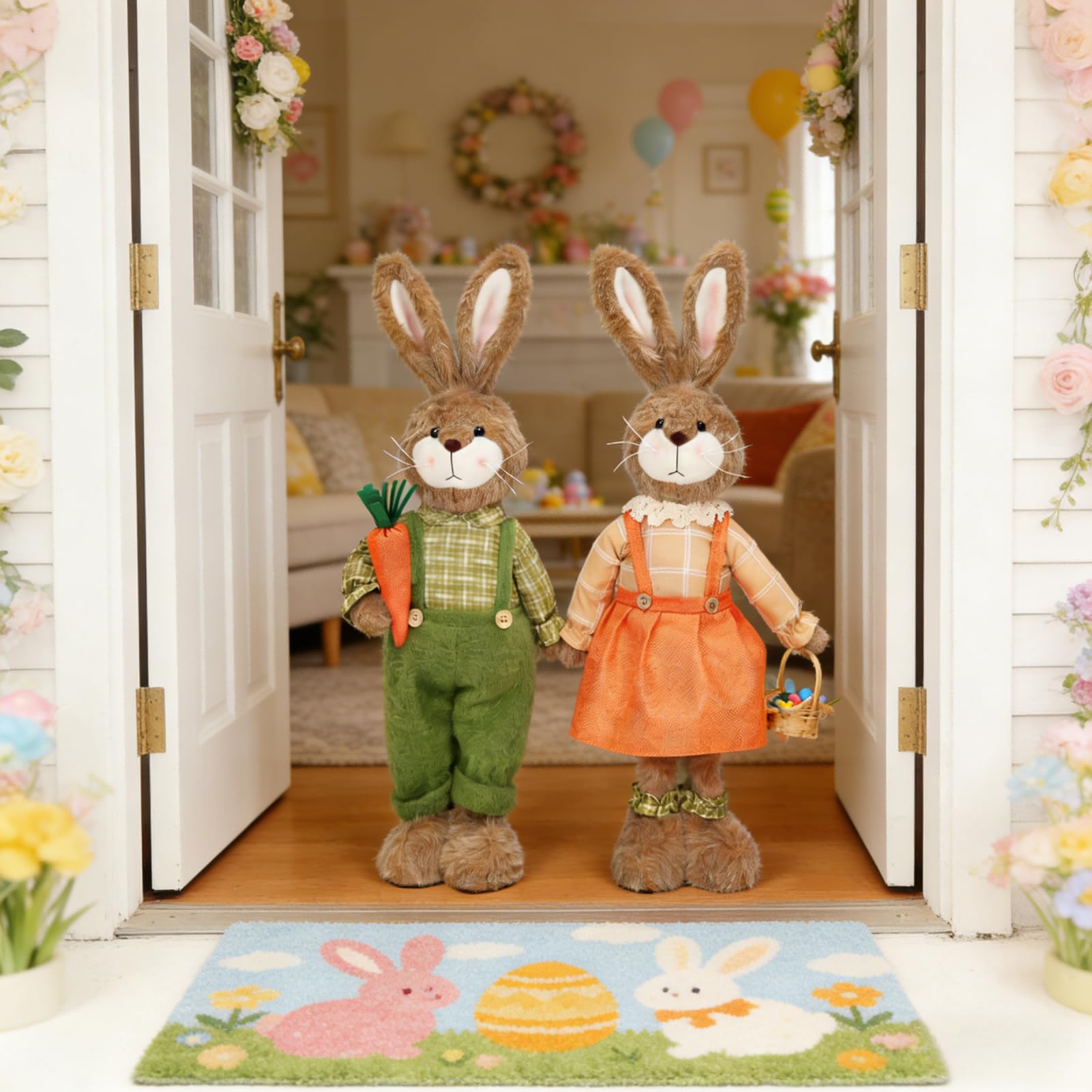 2 Stück Osterhasen Figuren, 61cm Plüsch Osterhase Deko Figur, Stehende Osterdeko mit Teleskopbeinen, Niedlich Ostern Deko Hase Moderne Frühlingsdeko Osterschmuck für Tisch, Zuhause Wohnzimmer