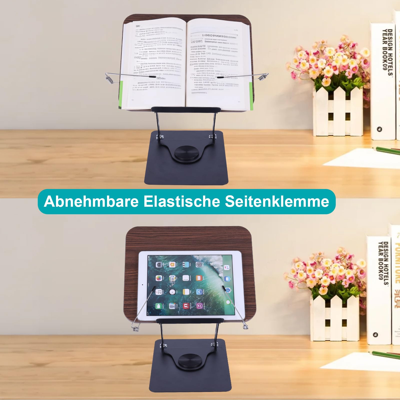Buchständer Holz Mit 360° Drehbare Basis, Verstellbarer Buchhalter Leseständer Mit Klappbar Und Tragbar,Kochbuchhalter Mit Seitenclip, Leicht Für Büro, Küche, Schule, Lehrbuch, Zeitschrift, Tablet
