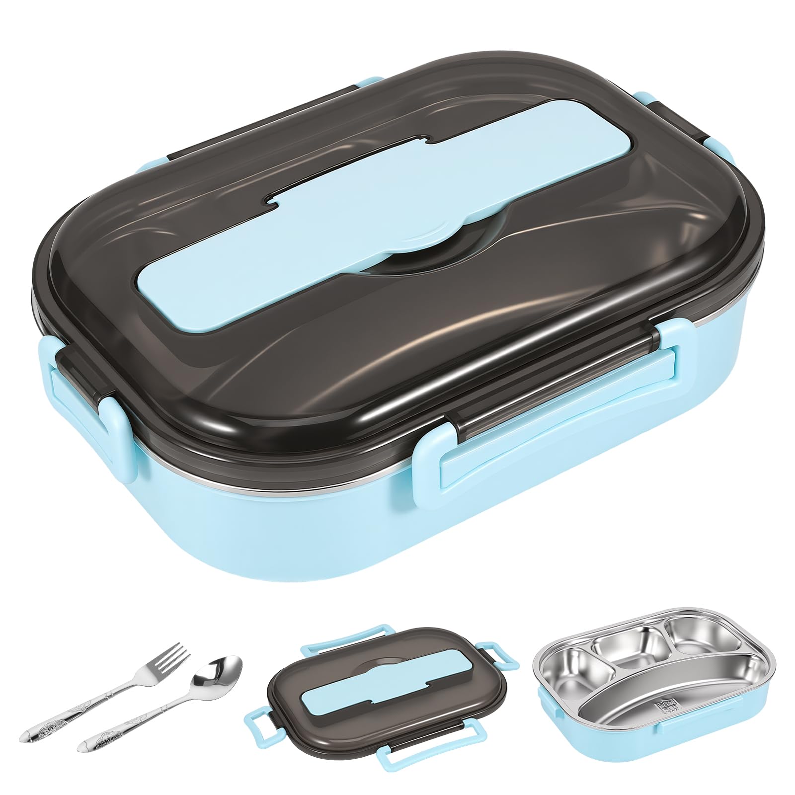 Stainless Steel Lunch Box, 1.3L Bento Box with 4 Compartments,Spoon Fork