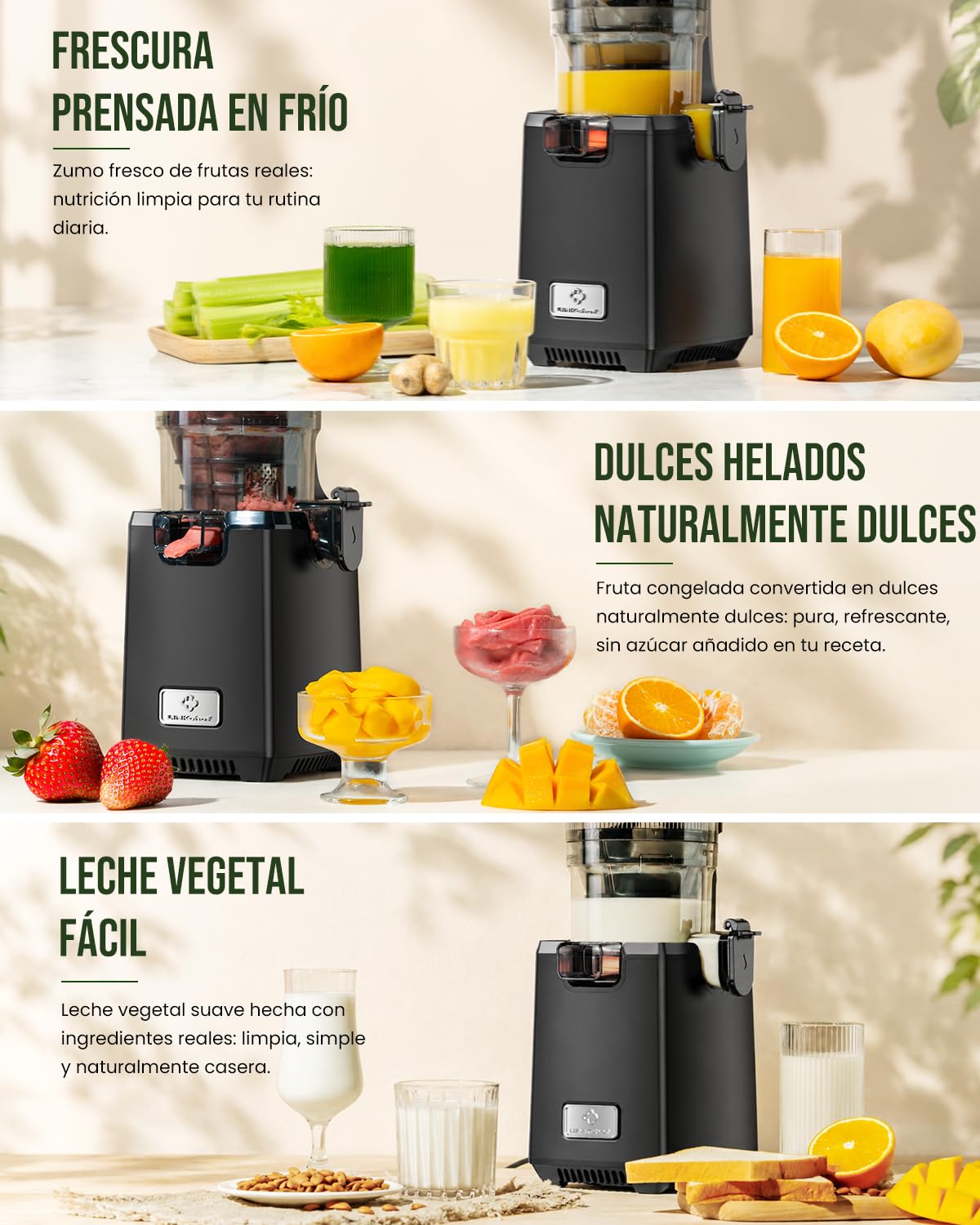 LINKChef Extractor de Zumos Para Frutas y Verduras, Cold Press Juicer 250 W con Boca Ancha de 13 cm, Slow Juicer sin BPA, 1,8 L, Fácil de Limpiar, Recetas Incluidas