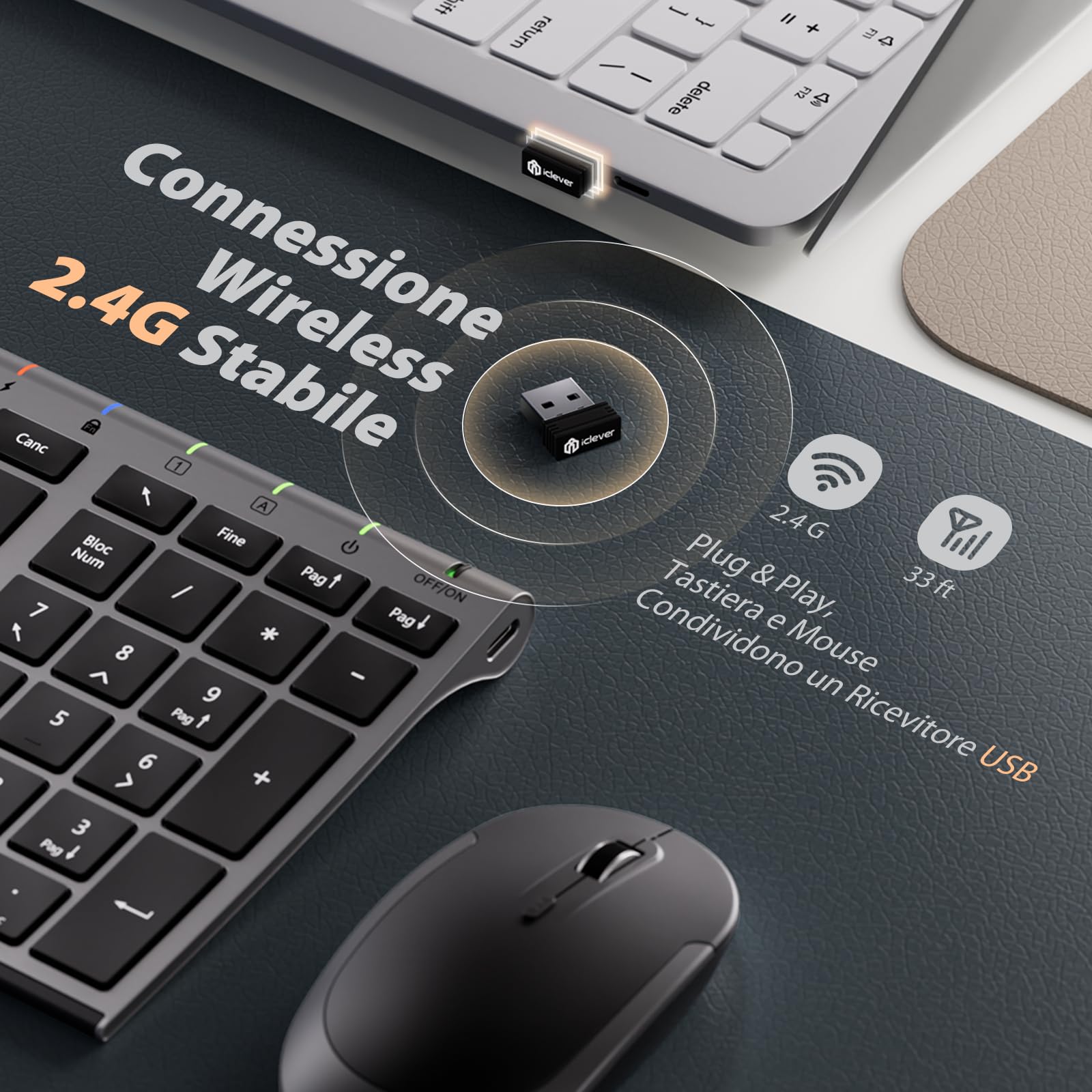 iClever Tastiera e Mouse Wireless - Tastiera e Mouse Portatili Wireless 2.4G, Batteria Ricaricabile Design Ergonomico Dimensioni Regolari Sottile Connessione Stabile DPI Regolabile (Grigio e Nero)
