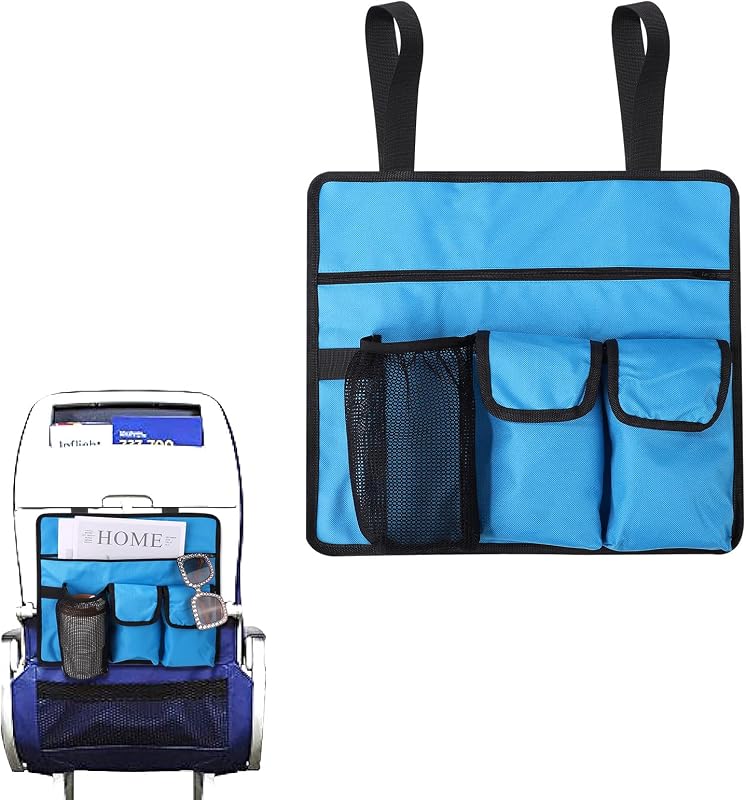Airplane Seat Back Organizer & Storage, Quality Oxford Cloth Airplane Seat Back Pouch Tray Table Cover Phone Organizer Water Bottle with 4 Independent Pocket Accessories Supplies for Travel(Blue)