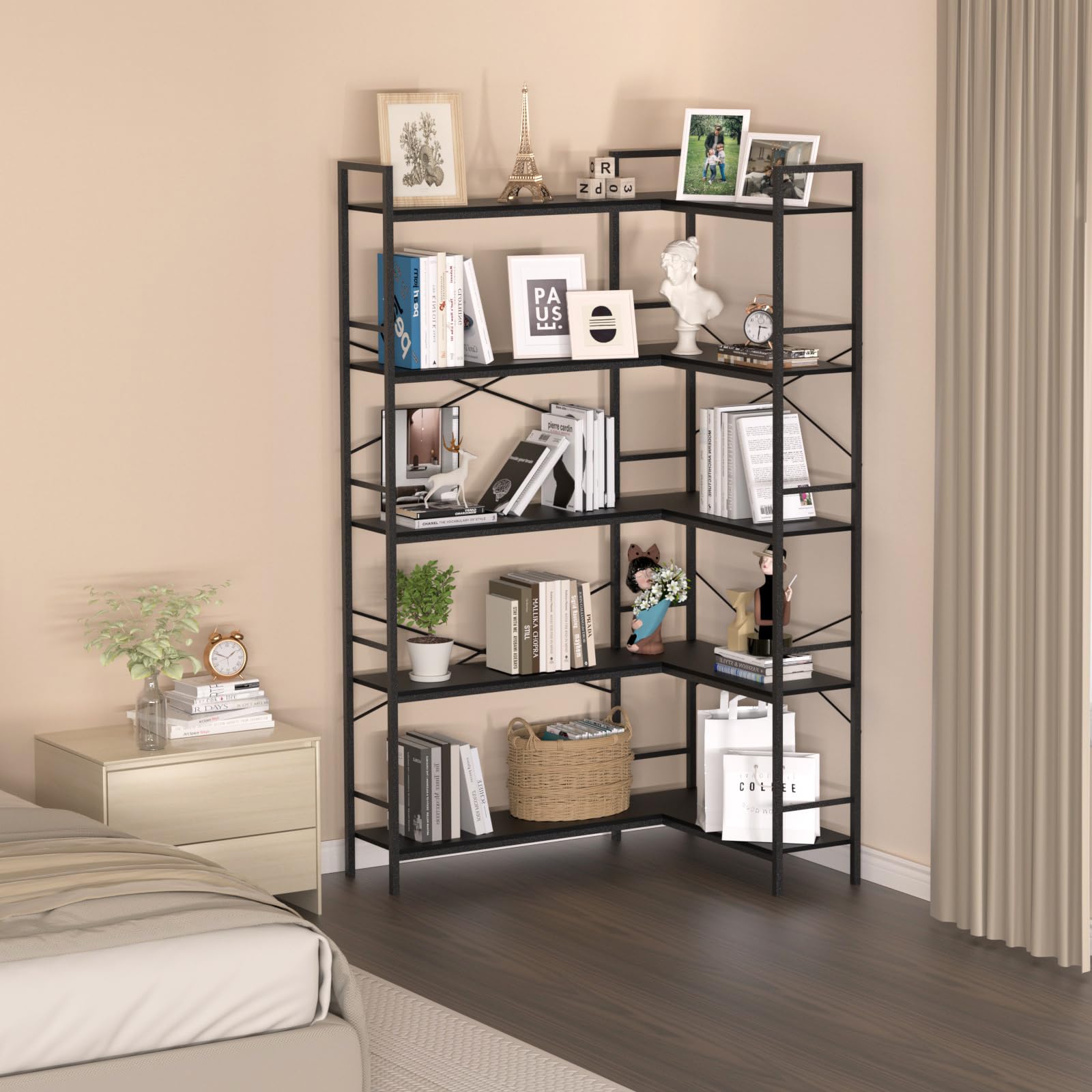 黒い本棚 5段 Amazon｜Lazyvan ブラックコーナー本棚 5段コーナー本棚 オープン収納