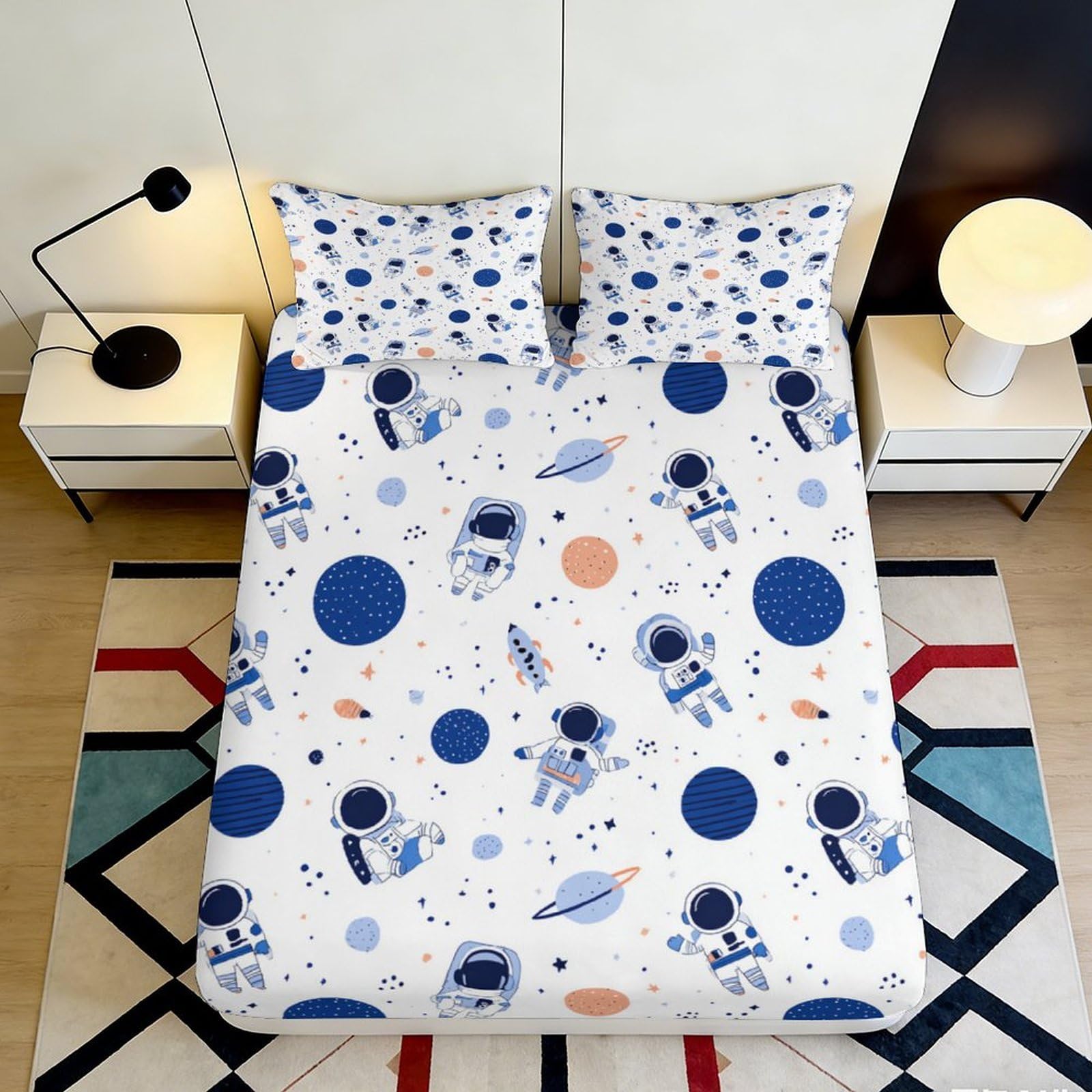 3D Printed Astronaut Planet Fitted Sheet Microfiber Soft Touch Space Rocket Bed Cover for Bedroom Dorm Decor 90x200x25cm