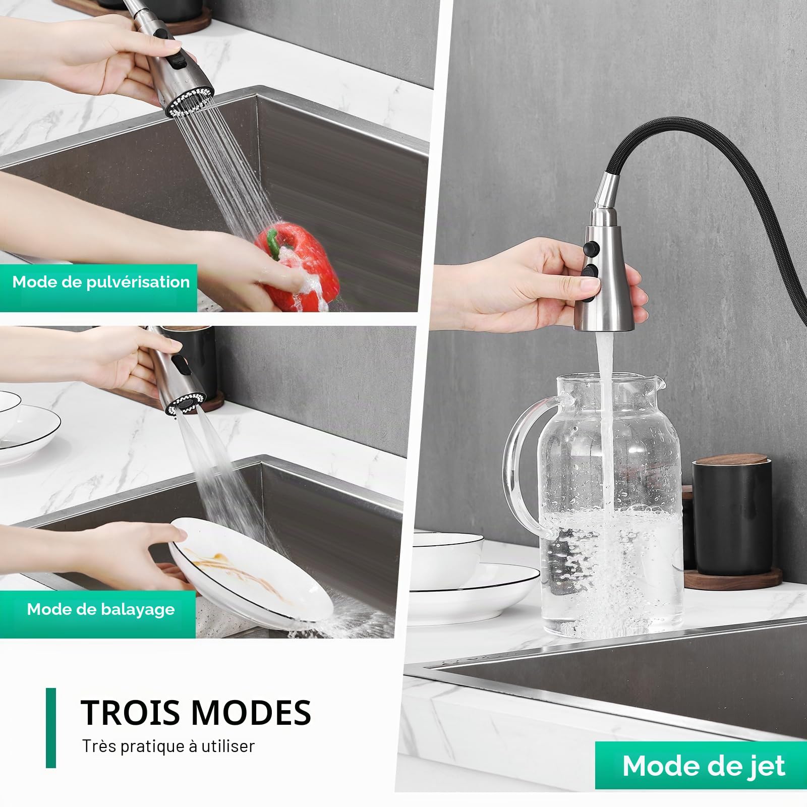 CREA Robinet Évier de Cuisine avec Douchette Extractible, Mitigeur Monocommande de Pulvérisation avec Aimant Rétractable, Brossé