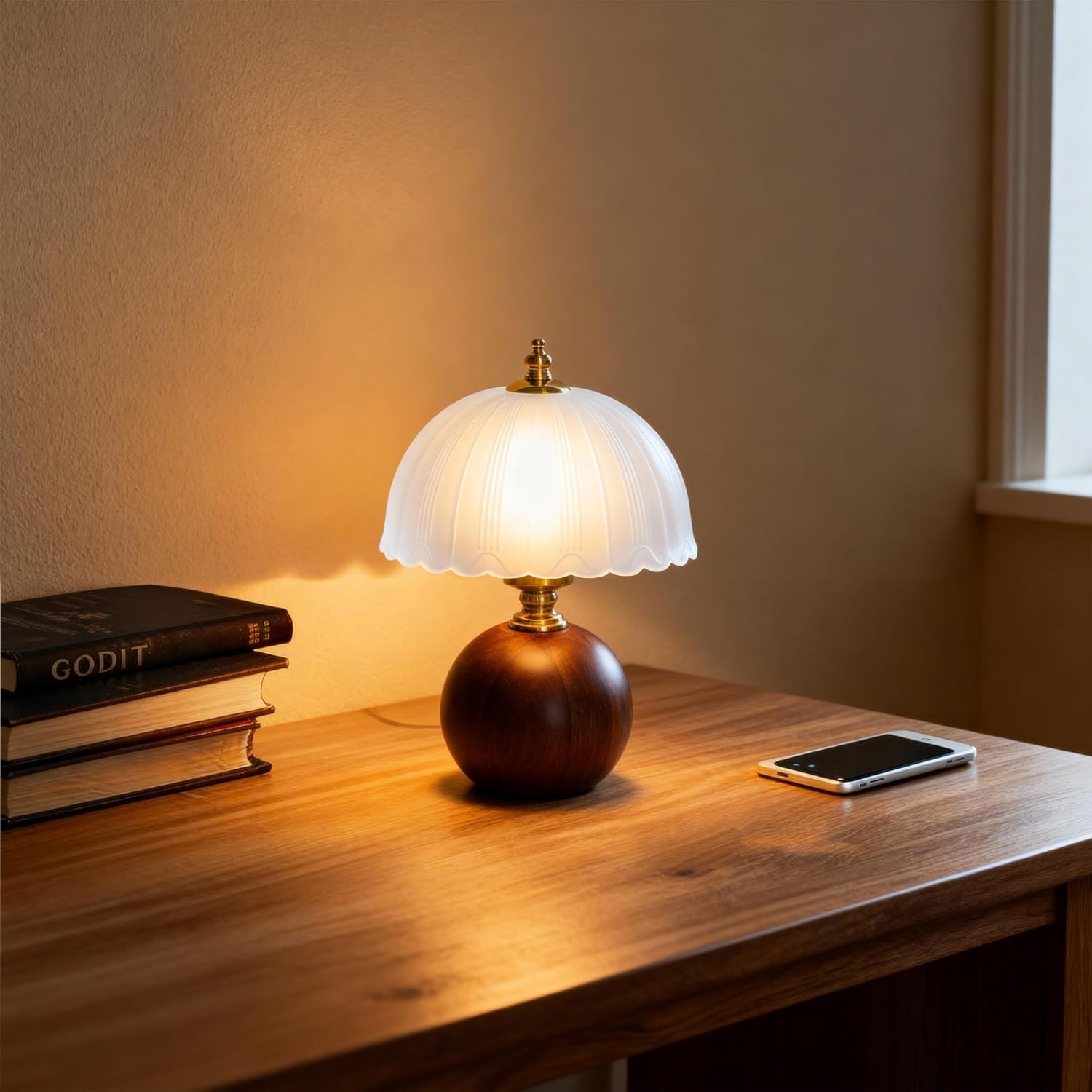 Decorative Wooden Table Lamp with Frosted Glass Shade, Dimmable Bedside Nightstand Lamp with E26 Socket & 6ft Cord, Small Accent Lamp for Bedroom & Living Room (White)