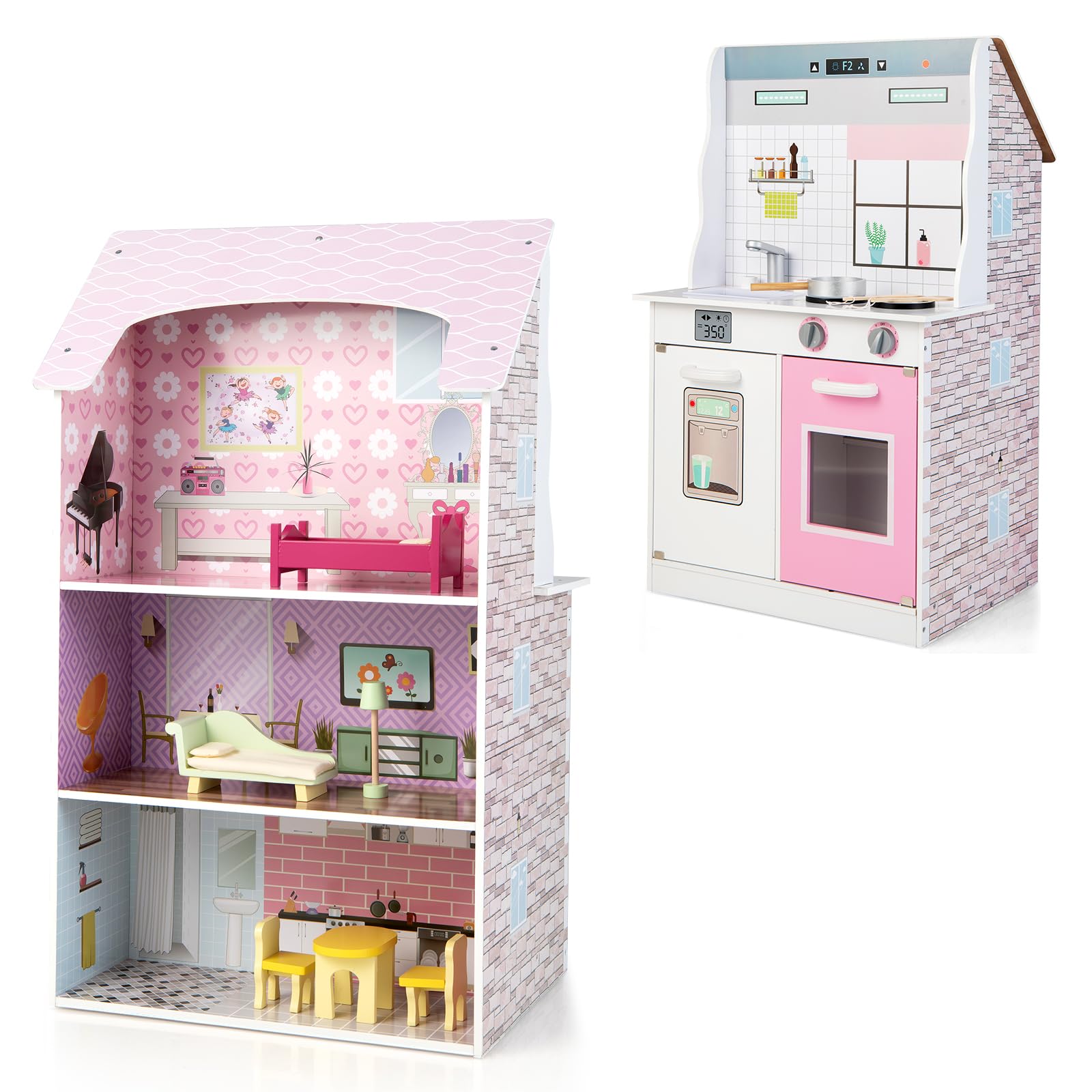 2-in-1 Kids Dollhouse Play Kitchen, Double Sided Dolls House and Kitchen  Playset with Furniture and Accessories, Children Wooden Dollhouse for 3+