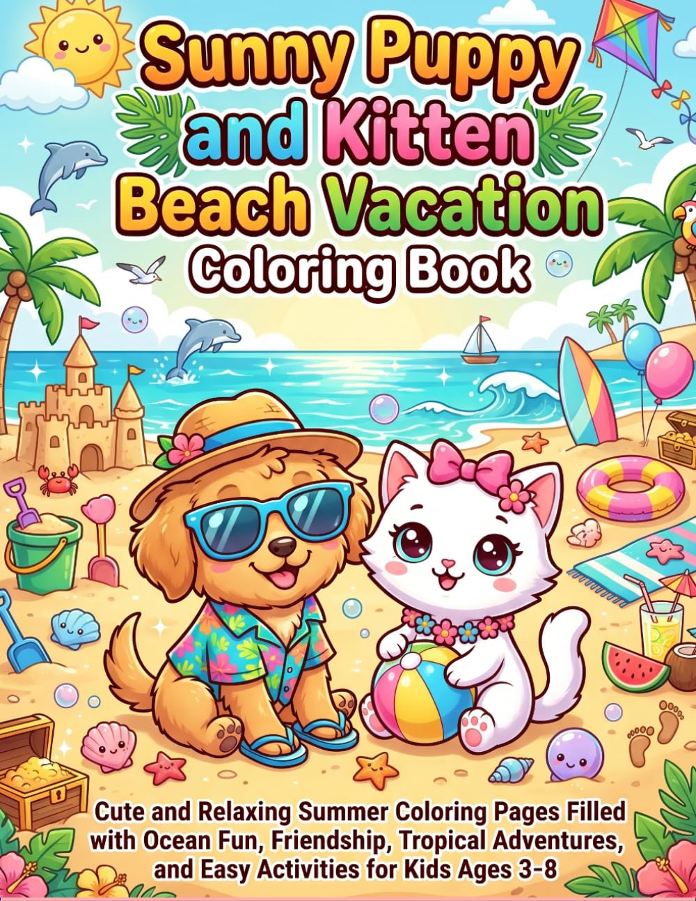 Sunny Puppy and Kitten Beach Vacation Coloring Book: Cute Summer Beach Adventures Filled with Fun, Friendship, Sunshine, Tropical Ocean Fun, and Easy Relaxing Coloring Pages for Kids Ages 3-8