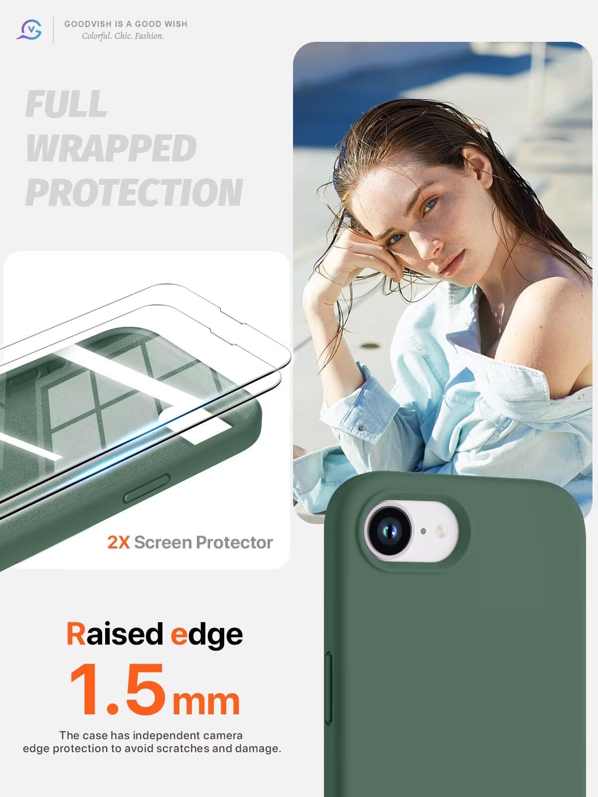 GOODVISH 3 in 1 Silicone Cover per iPhone 16e 6.1", Custodia con 2 Pellicola Vetro Temperato [Protezione Fotocamera] Protezione Anticaduta Case per Cellulare Antiurto Resistente, Verde Pino