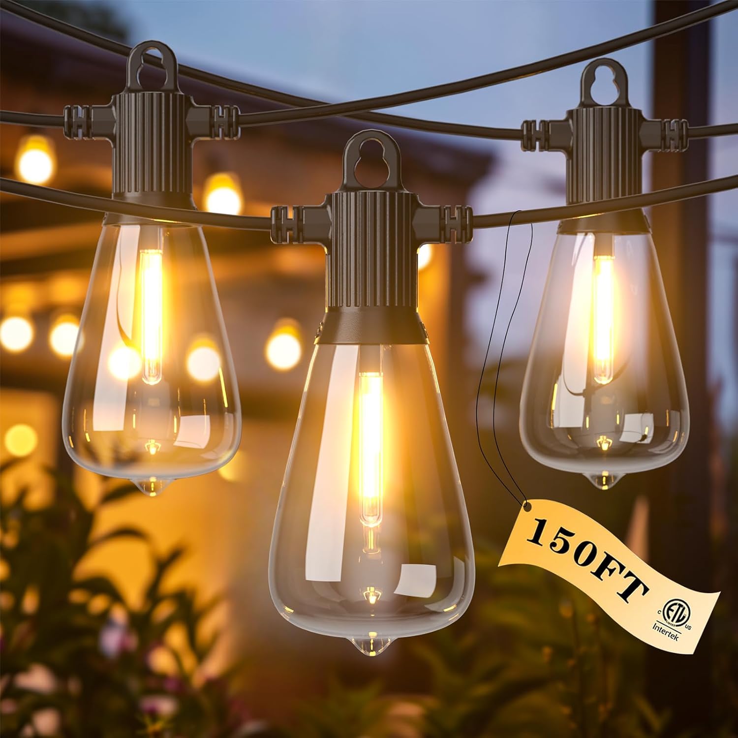 Kawaya Outdoor Lights String LED Patio Lights: 150FT Waterproof Commercial Grade Vintage String Lights for Outside - 72+3 Shatterproof ST38 Edison Bulbs for Porch Bistro Backyard Cafe (75FTx2) 150FT(75FTx2PACK)+72 Sockets