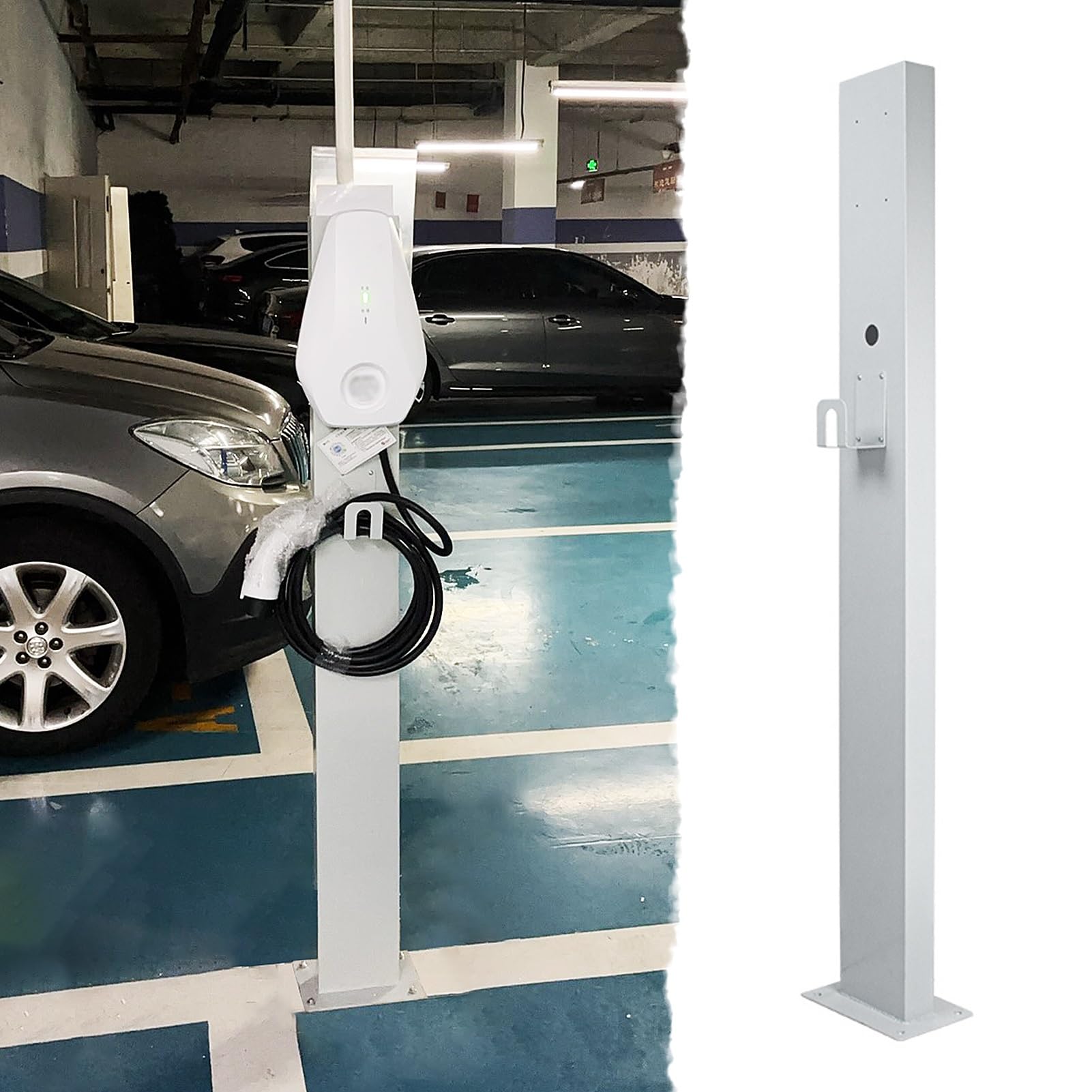Pedestal para cargador de vehículos eléctricos en garaje con gancho para cable, soporte de acero laminado en frío para estación de carga de vehículos eléctricos, soporte para cargador de vehículos e