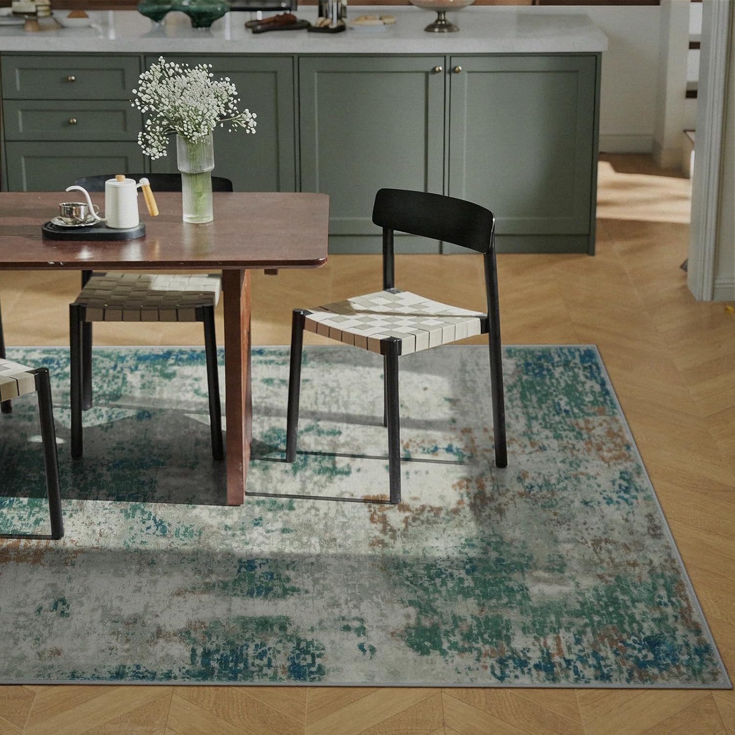 Tapis salon grand 200x250cm vert abstrait moderne et chic