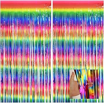 2 Pack Colourful Foil Tinsel Curtain3.2ftx 8.2ft,Iridescent Glitter Metallic Fringe Curtain for Rainbow Party Decorations Backdrop