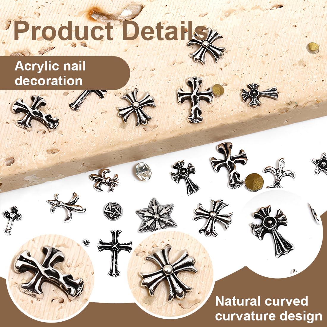 75 Pièces Breloques pour Ongles Croix Argent Charme avec Coeurs Gothiques Rétro Punk Crânes Manucure Décorations Nail Art, Deco Ongle Nail Art