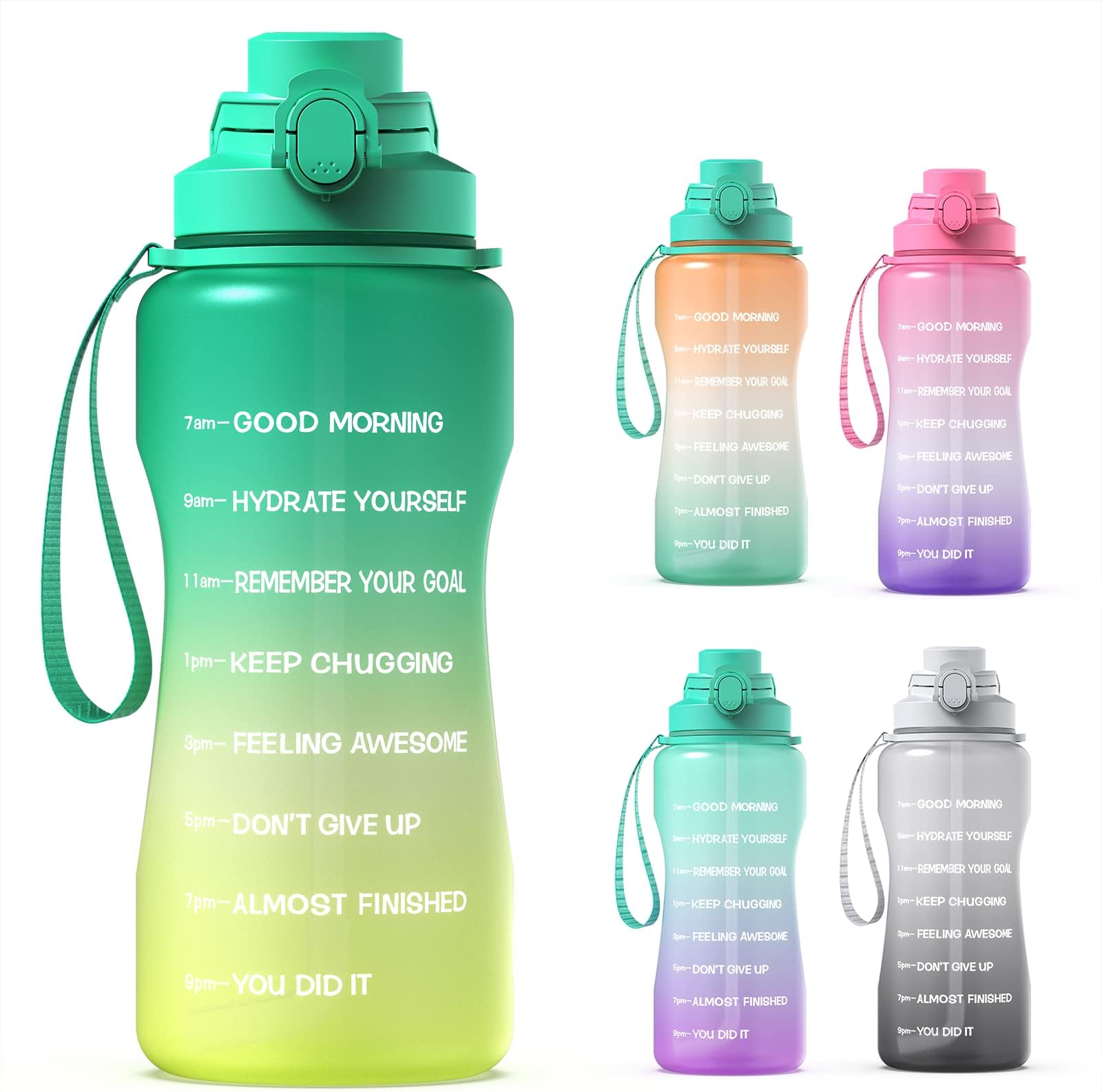 64oz Half Gallon Water Bottle with Straw & Time Marker, Motivational Water Bottle with Handle, Leakproof, Tritan BPA Free Water Jug, for Fitness, Gym, Outdoor (Green/Yellow Gradient, 64oz)