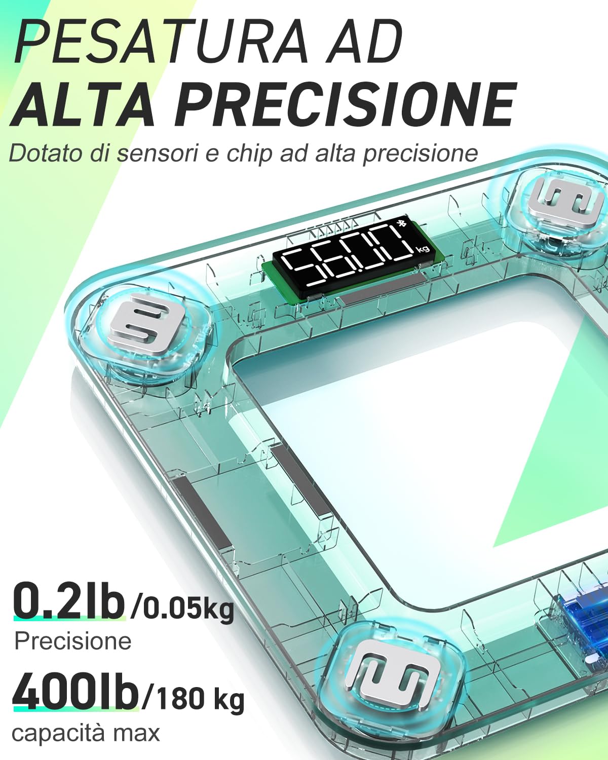 Bilancia Pesapersone Digitale Professionale, INSMART Bilancia Impedenziometrica Smart Bluetooth con 16 Indici di Misurazione Pesa Persone, Massa Grassa e Magra, BMI, Massa Muscolare o Ossea, 180KG