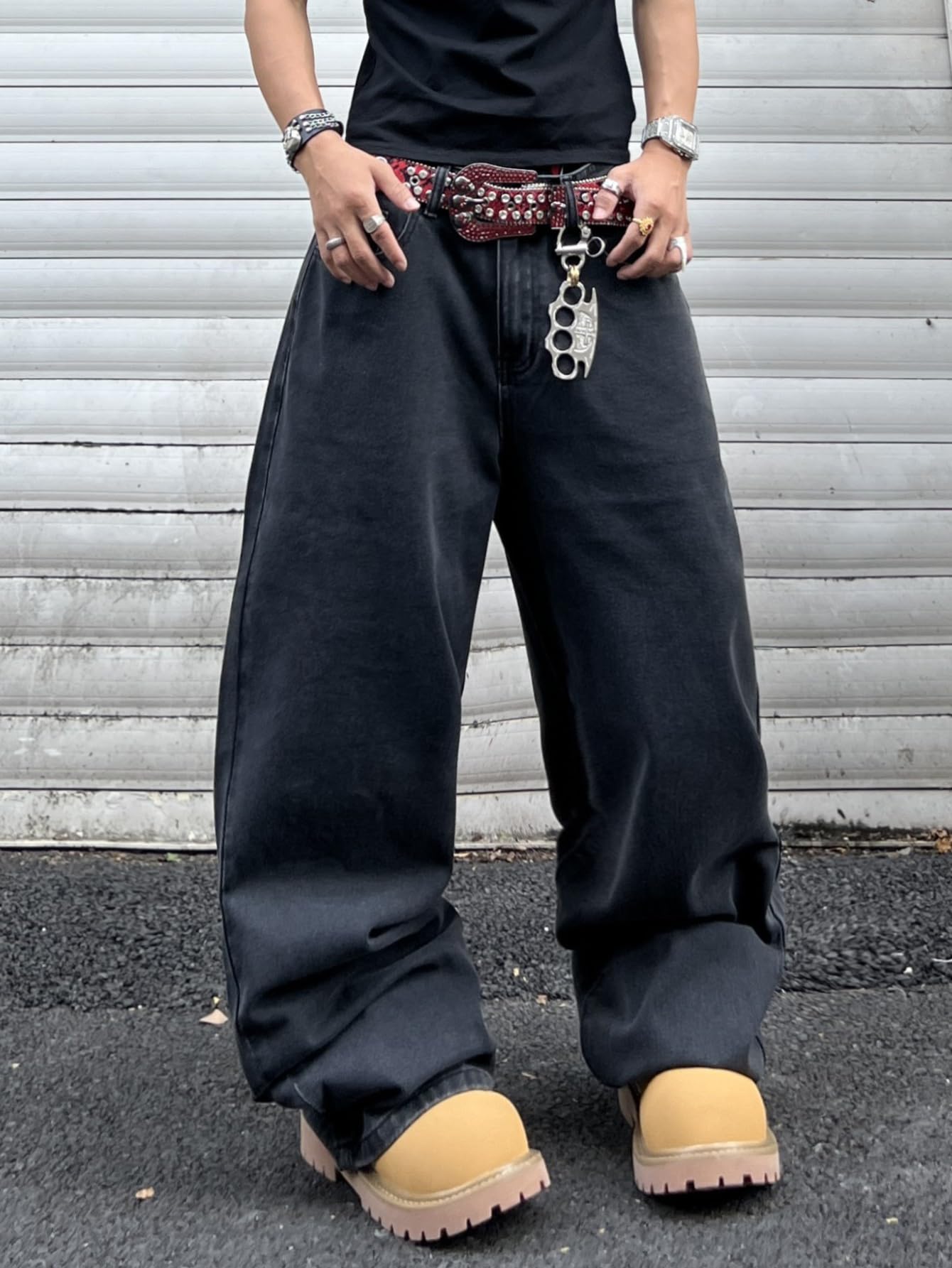 Jeans larghi da uomo con drago ricamato a gamba larga, stile hip hop, vestibilità larga, pantaloni in denim streetwear
