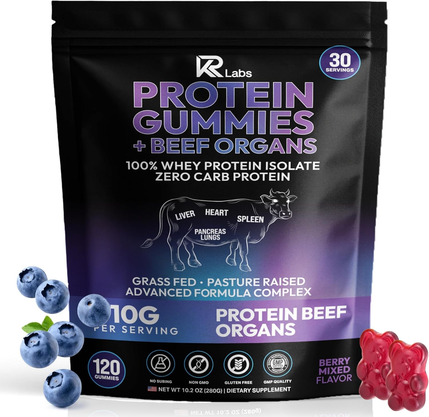 KR Labs Gomas de proteína isolada de whey com órgãos bovinos alimentados com pasto, 10 g por porção, 120 gomas