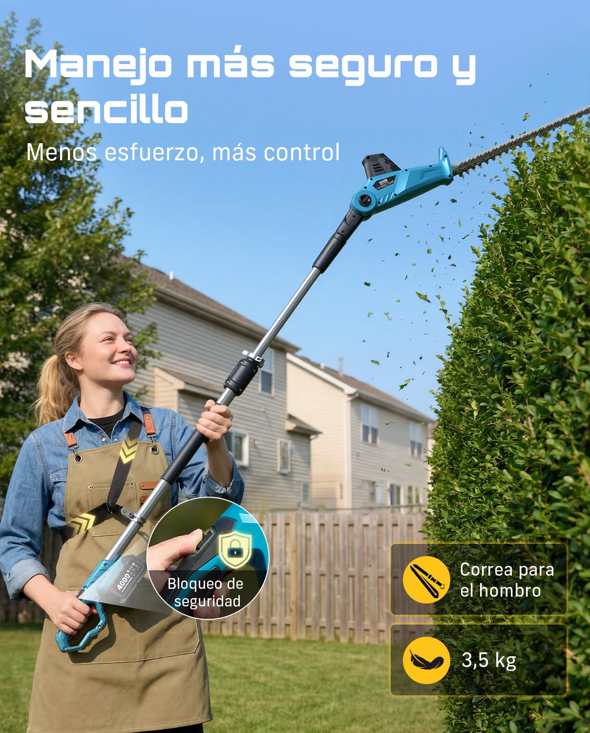 SEESII Cortasetos Batería, Cortasetos Eléctrico con Pértiga Telescópica 2,4 M, Cuchilla Doble Acción 50 Cm, 2×4000 mAh Baterías, Cabezal Giratorio Ajustable, para Setos Y Arbustos