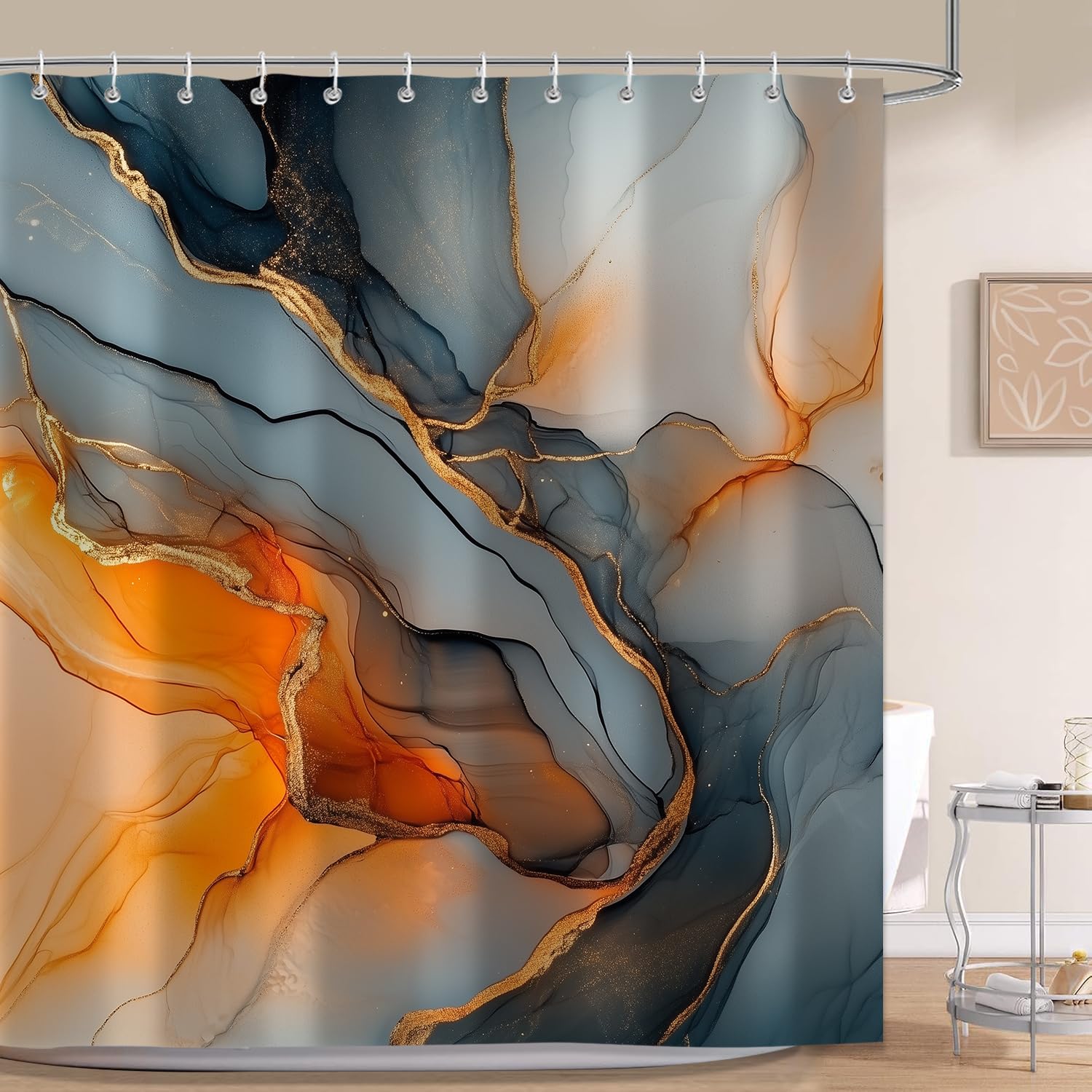 Moonslim Black Gold Marble Shower Curtains, Orange Grey Abstract Marble Shower Curtain, Modern Fabric Bath Curtain for Bathroom Decor Waterproof Cloth