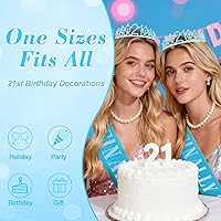 Vista 4 de CAVETEE Diadema de cumpleaños para mujer, decoraciones de cumpleaños número 21, banda y corona para fiesta de 21 años (azul, talla única)