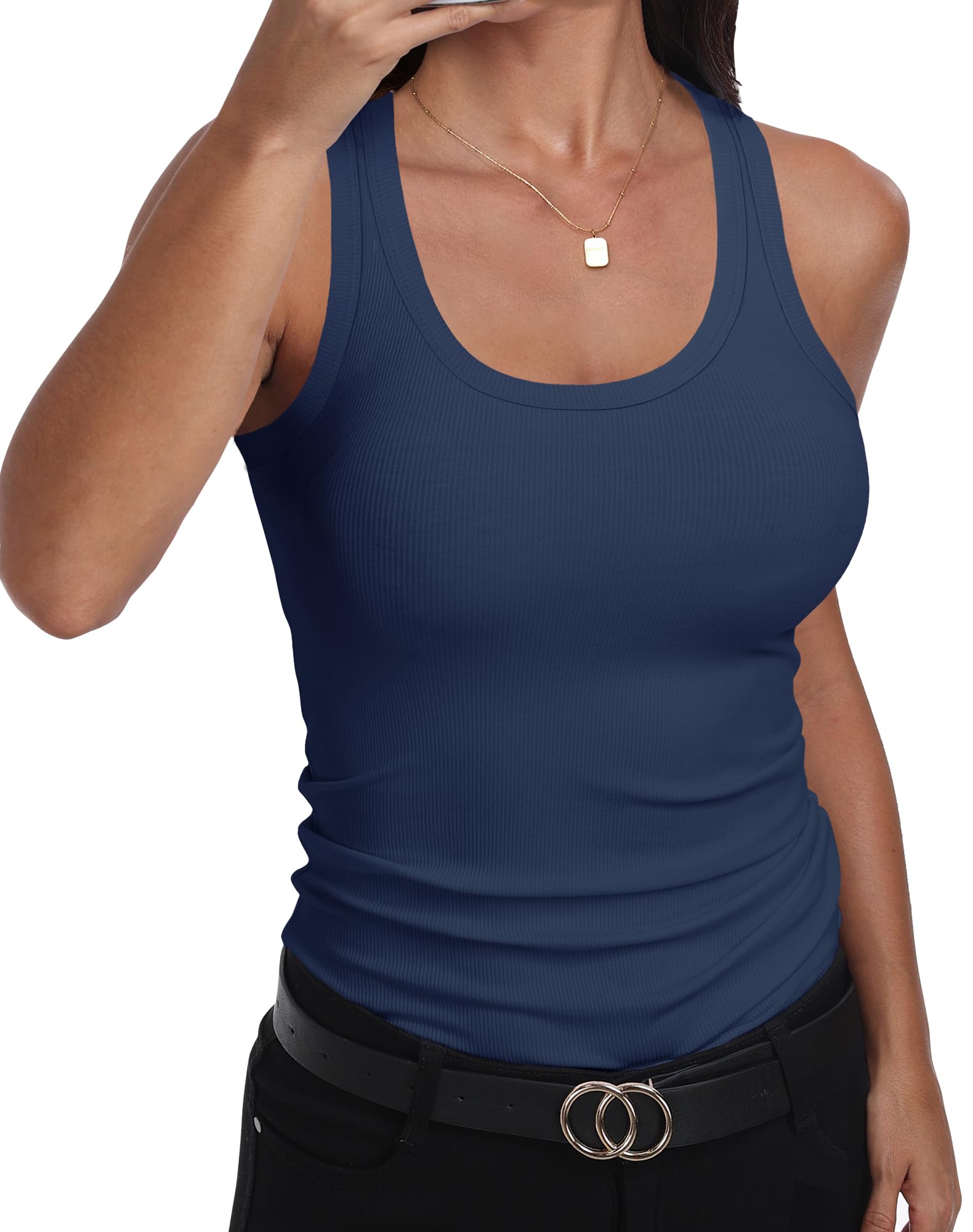 GEMBERA Womens Scoop Neck Sleeveless Racerback Ribbed Knit Slim Fitted Basic Tank Top Shirt