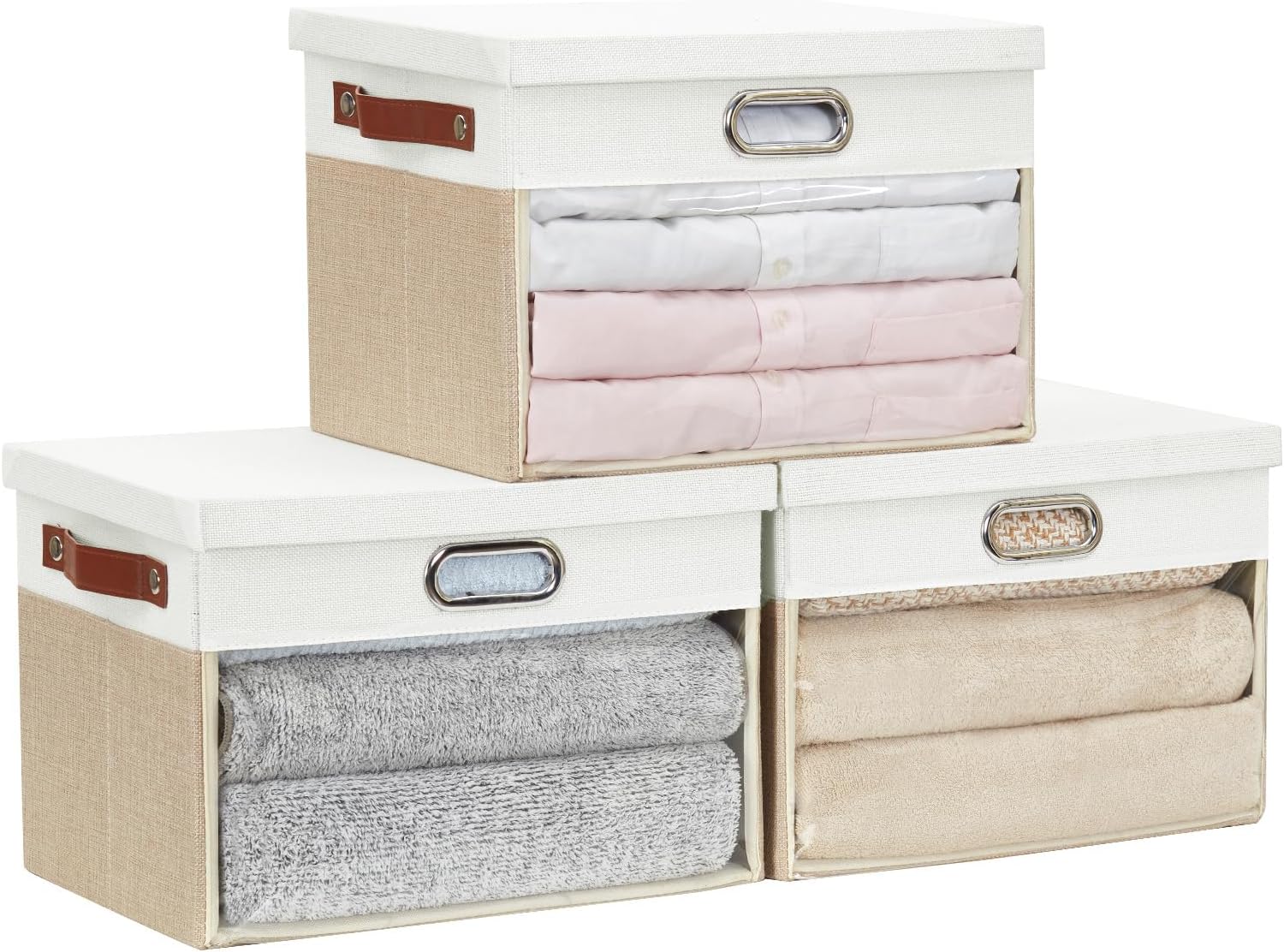 Fabric Clear Window Storage Bins with Lid, Closet Storage Box Linen Closet Baskets with 3 Handles for Organizing Clothing, Jeans, Shelves 15''- 3 Pack (Beige and White) Beige&White 14.9"L x 9.8"W x 9.8"H