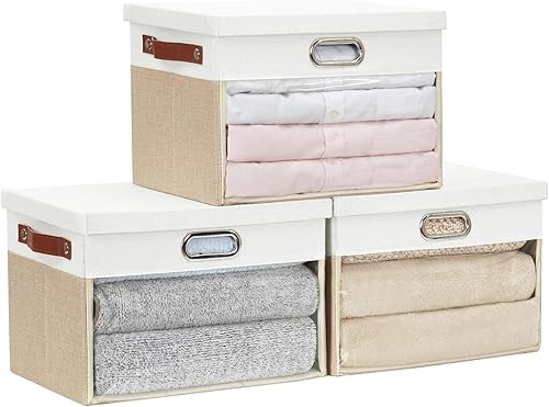 Contenedores de Almacenamiento de Tela con Ventana Transparente con Tapa, Caja de Almacenamiento para Armario, Cestas de Lino para Armario con 3