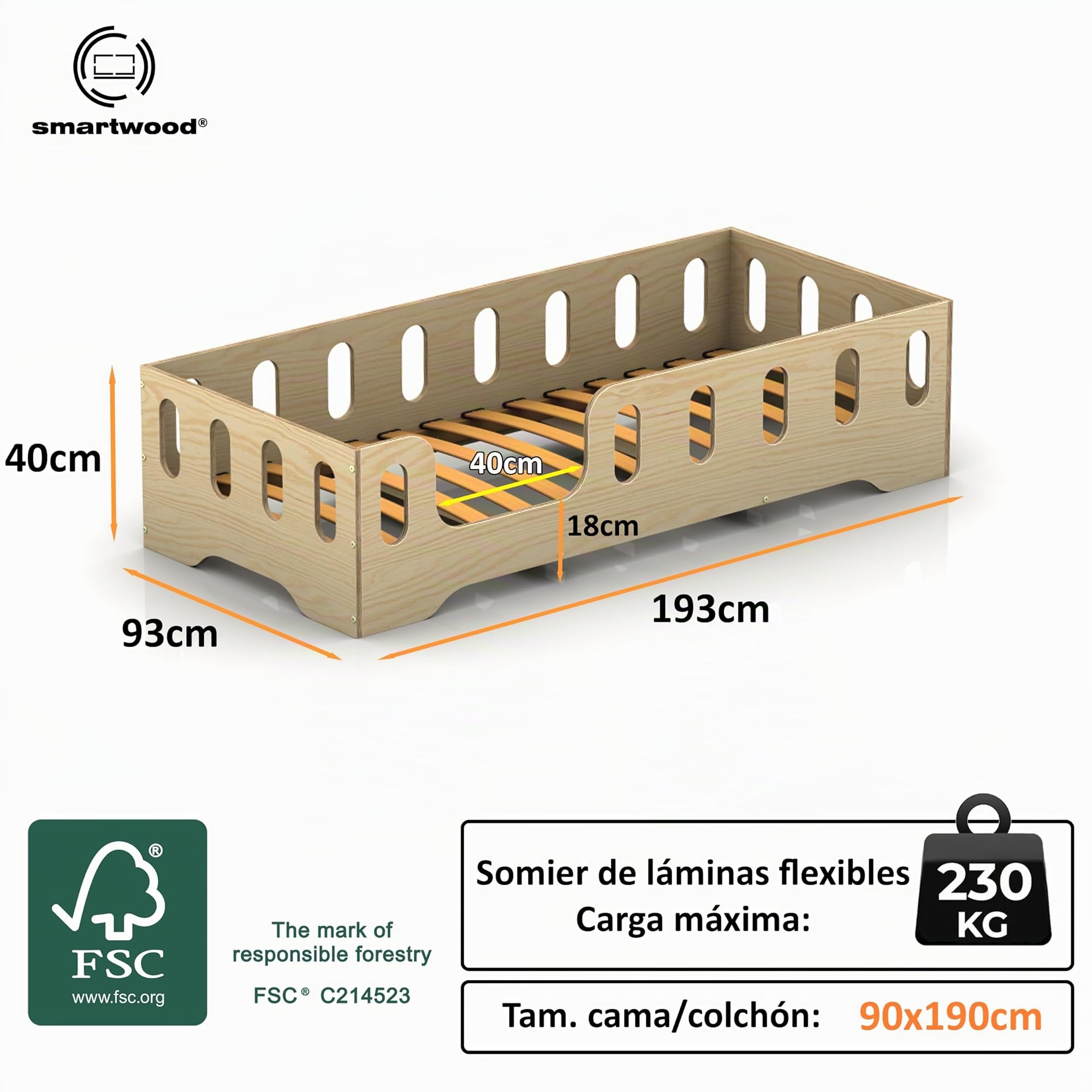 smartwood Cama Infantil 90x190 cm - Cama Montessori de Madera Certificada FSC, con Barandilla de Protección y Somier hasta 230 kg - para Niño y Niña - Montaje Fácil - TILA 2L