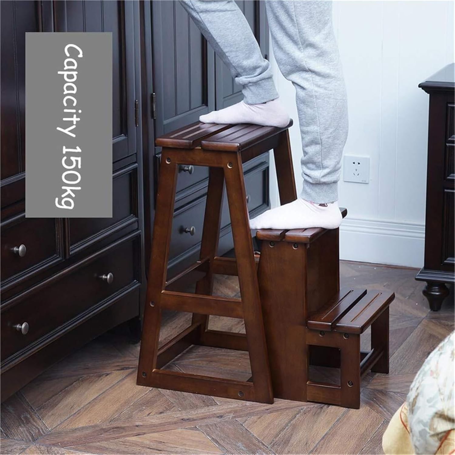 Step Stool White Foldable Step Ladder 3 Steps - Lightweight Wooden Ladder with Safety Features - Multipurpose for Home, Library & Loft
