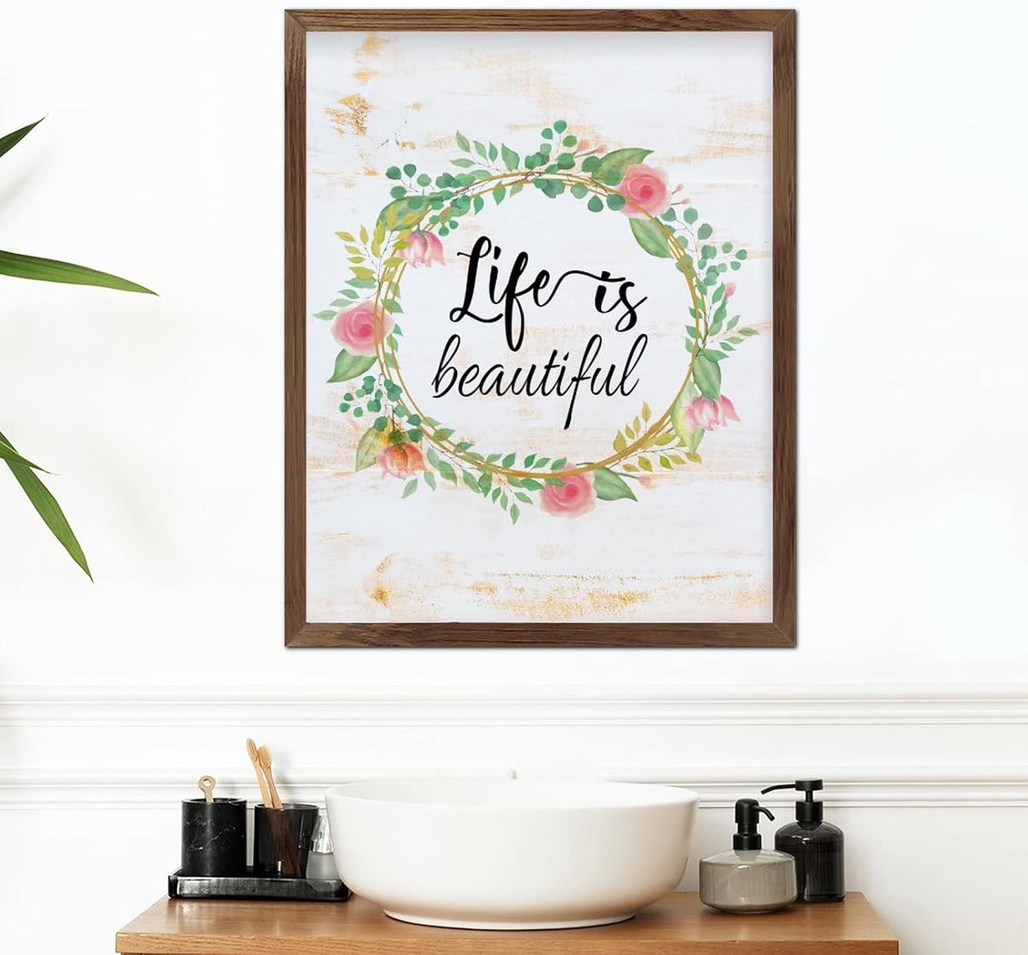 Life is Beautiful Wooden Framed Sign Spring Floral Wreath Hanging Wall Art Sign Retro French Floral Wall Art Hanging Farmhouse Decoration Plaque for Home Office Kitchen Bathroom Bedroom 20x16inch