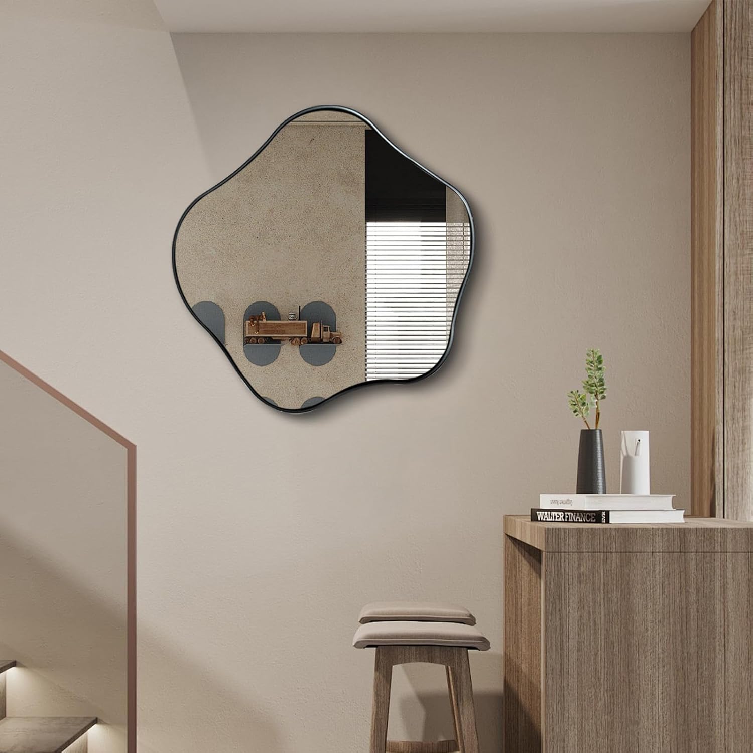 asymmetrical mirror, 24" irregular shaped mirror for wall, wavy round mirrors decorative, modern elegant scalloped vanity mirrors for living room bathroom bedroom hallway entryway fireplace black 24"l x 24"w