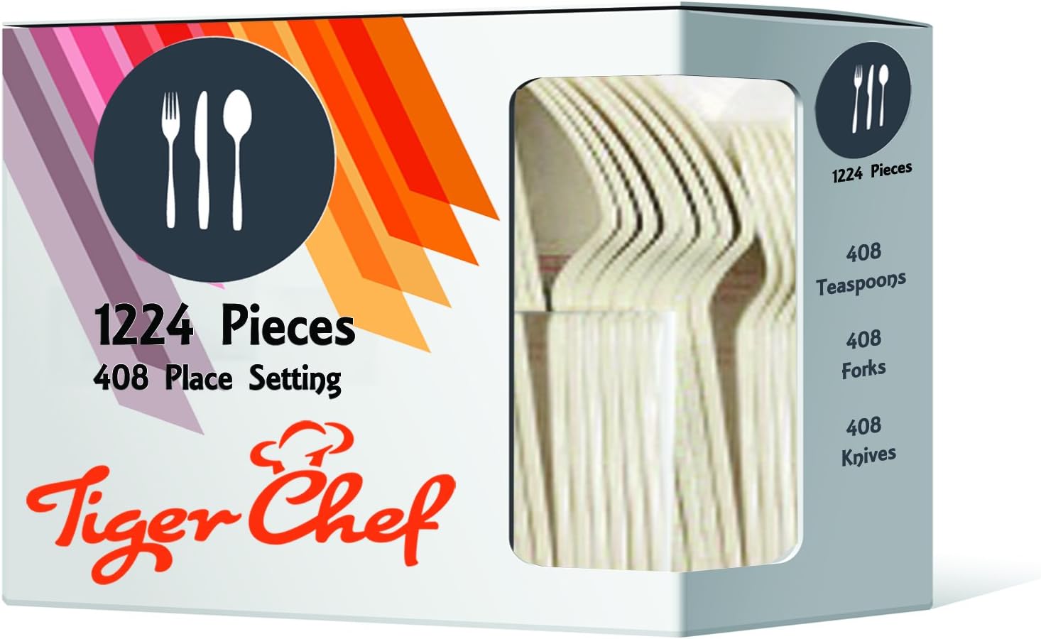 Tiger Chef Heavyweight Colored Plastic Silverware - Includes 408 Forks, 408 Spoons, 408 Knives - Disposable Flatware Cutlery Combo Box (1,224, Pearl)