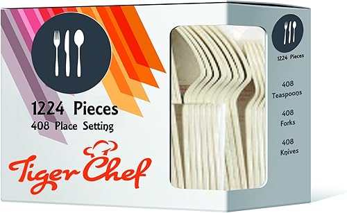 Tiger Chef Cubiertos de plástico de colores pesados, incluye 408 tenedores, 408 cucharas, 408 cuchillos, caja combinada de cubiertos desechables