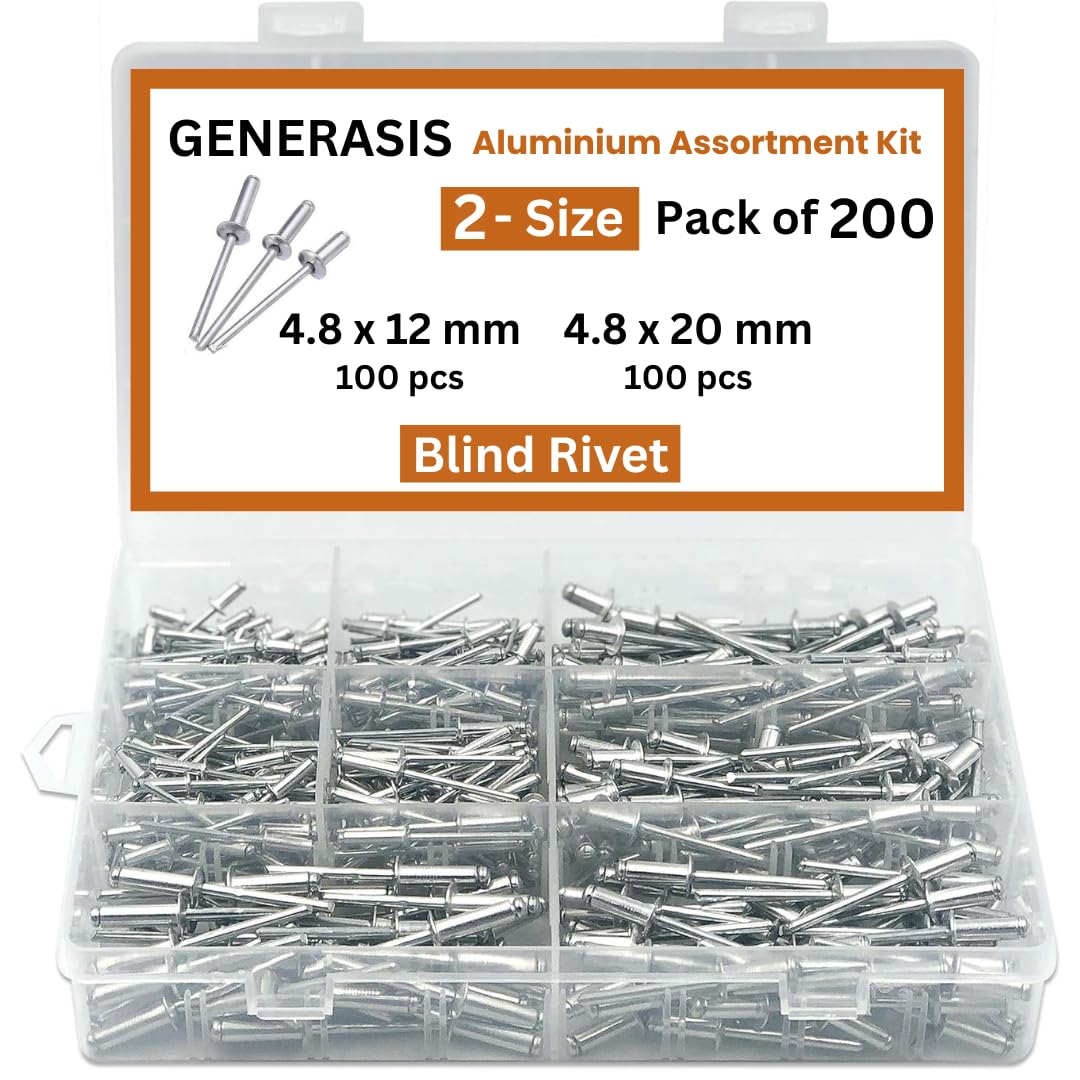 GENERASIS - Aluminium Blind Rivet Set | POP Rivets for Riveting Gun/Riveter Machine | Assortment Kit for Metal & Plastic (Blind Rivet 4.8x12mm x 4.8x20mm 2 Sizes 200 Pieces)-image-43