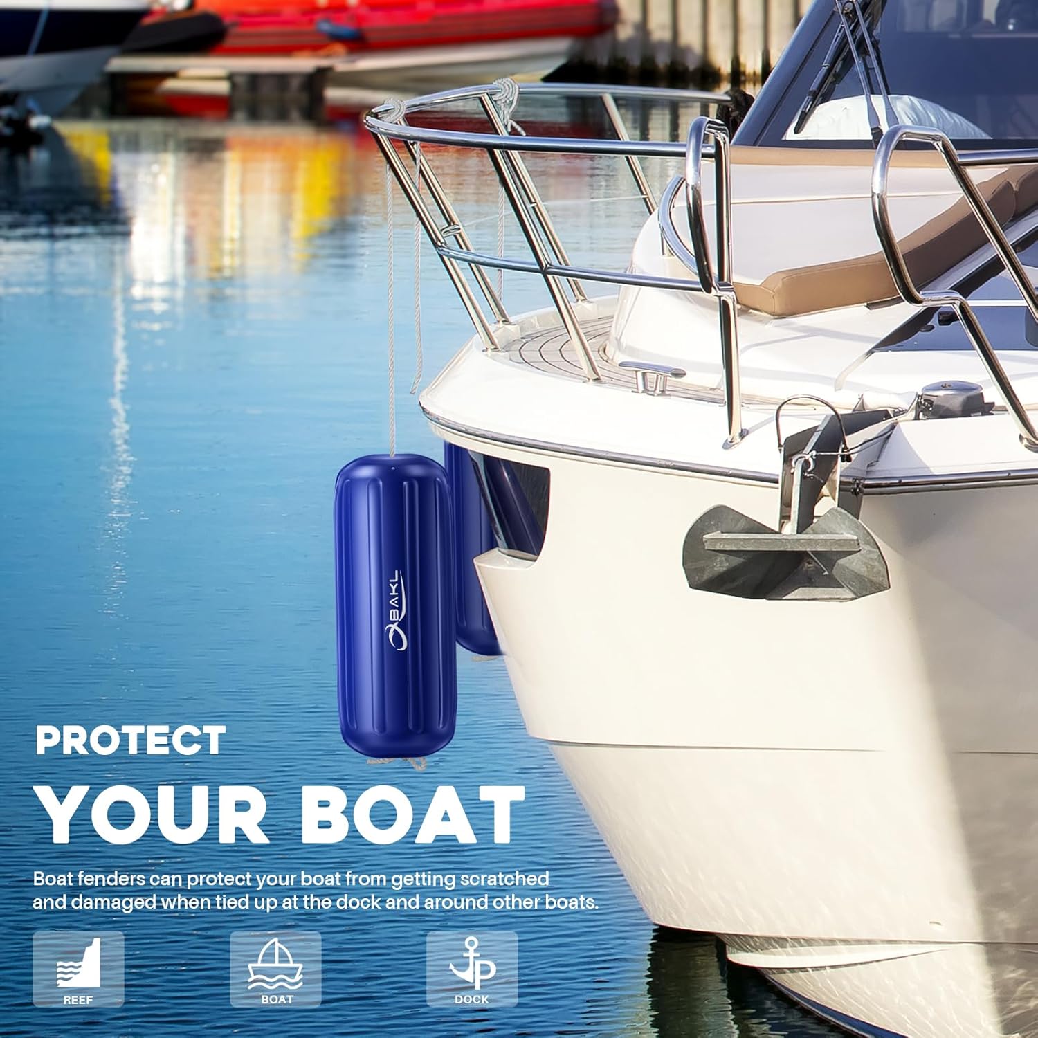 Boat Fenders 4 Pack 8 x 20 Inches Ribbed Center Hole Boat Fenders Bumpers for Docking, Comes with Ropes and Pump to Inflate