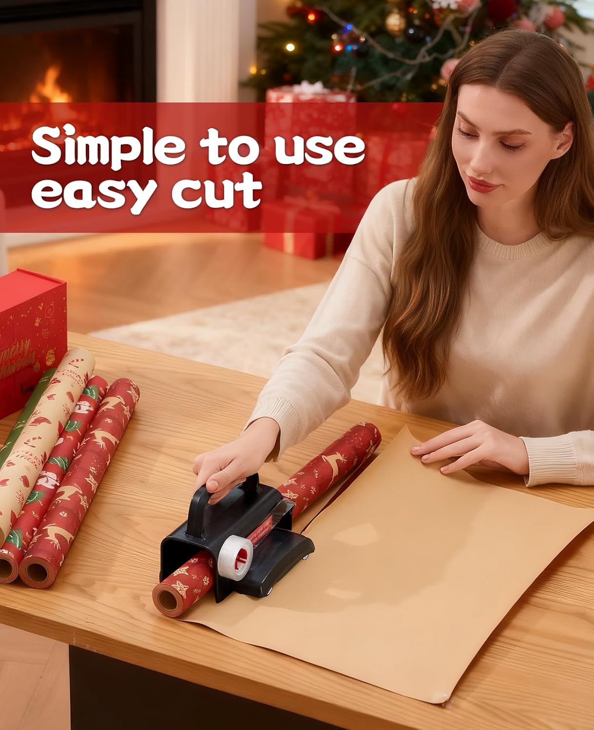 2-Pack Wrapping Paper Cutter with Wheels & Tape Dispenser - Gift Wrap Tool Kit with Replaceable Blades for Christmas, Birthday - Safe, Efficient, and Precise Cutting